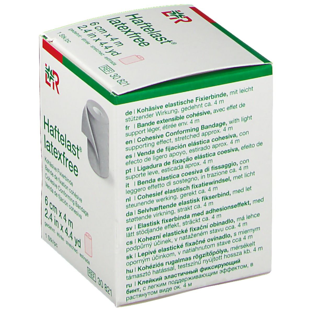 Emballage Haftelast® latexfree, 6 cm x 4 m. Texte multilingue. Dos avec code-barres et certifications.