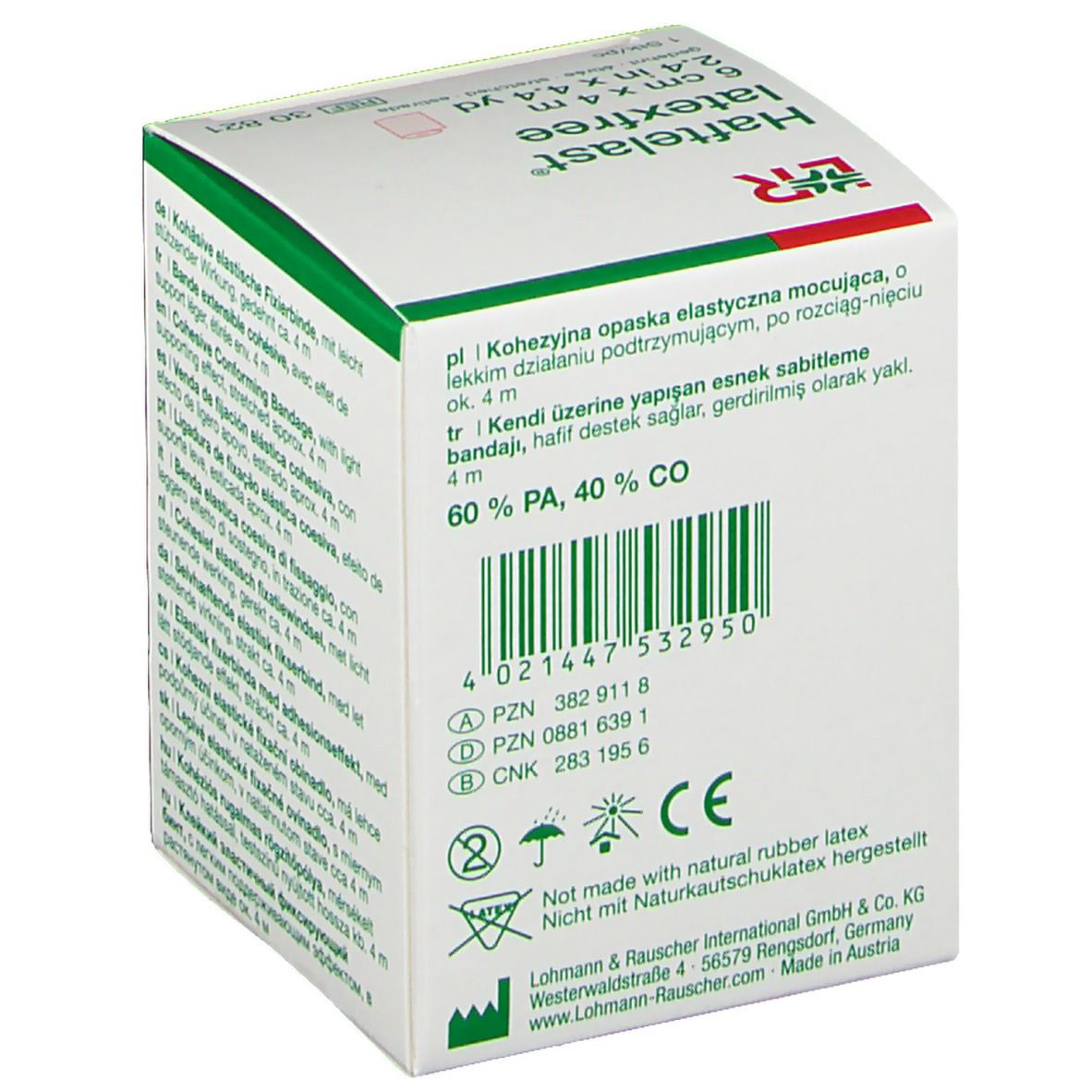 Dos de l'emballage Haftelast® latexfree. Code-barres, informations sur le contenu, fabricant et certifications.