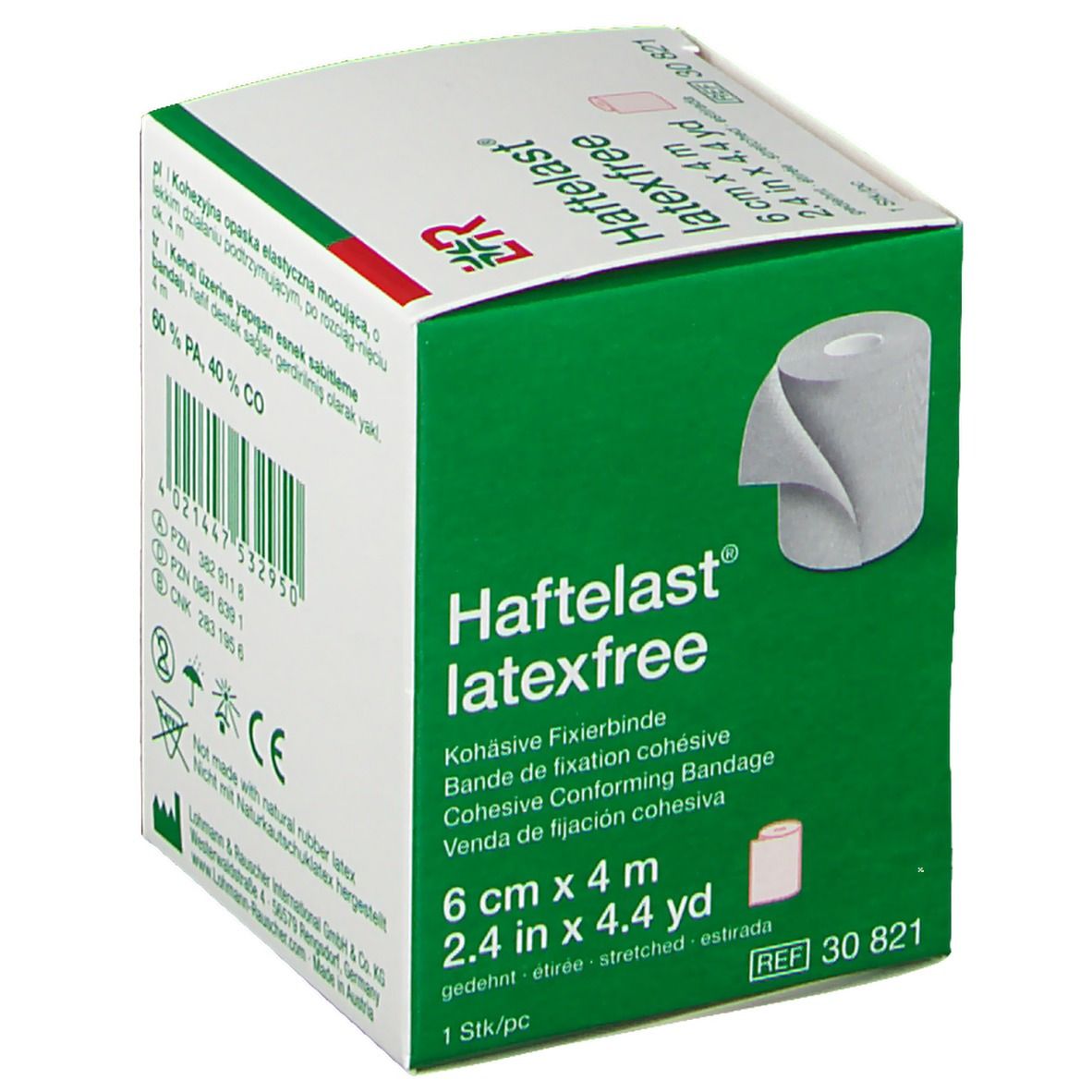 Emballage Haftelast® latexfree, 6 cm x 4 m. Bande de fixation cohésive. Boîte verte et blanche avec image du produit.