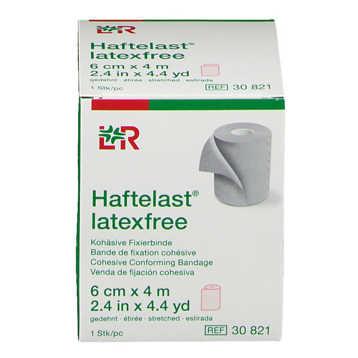 Emballage Haftelast® latexfree, 6 cm x 4 m. Bande de fixation cohésive. Boîte verte et blanche avec image du produit.