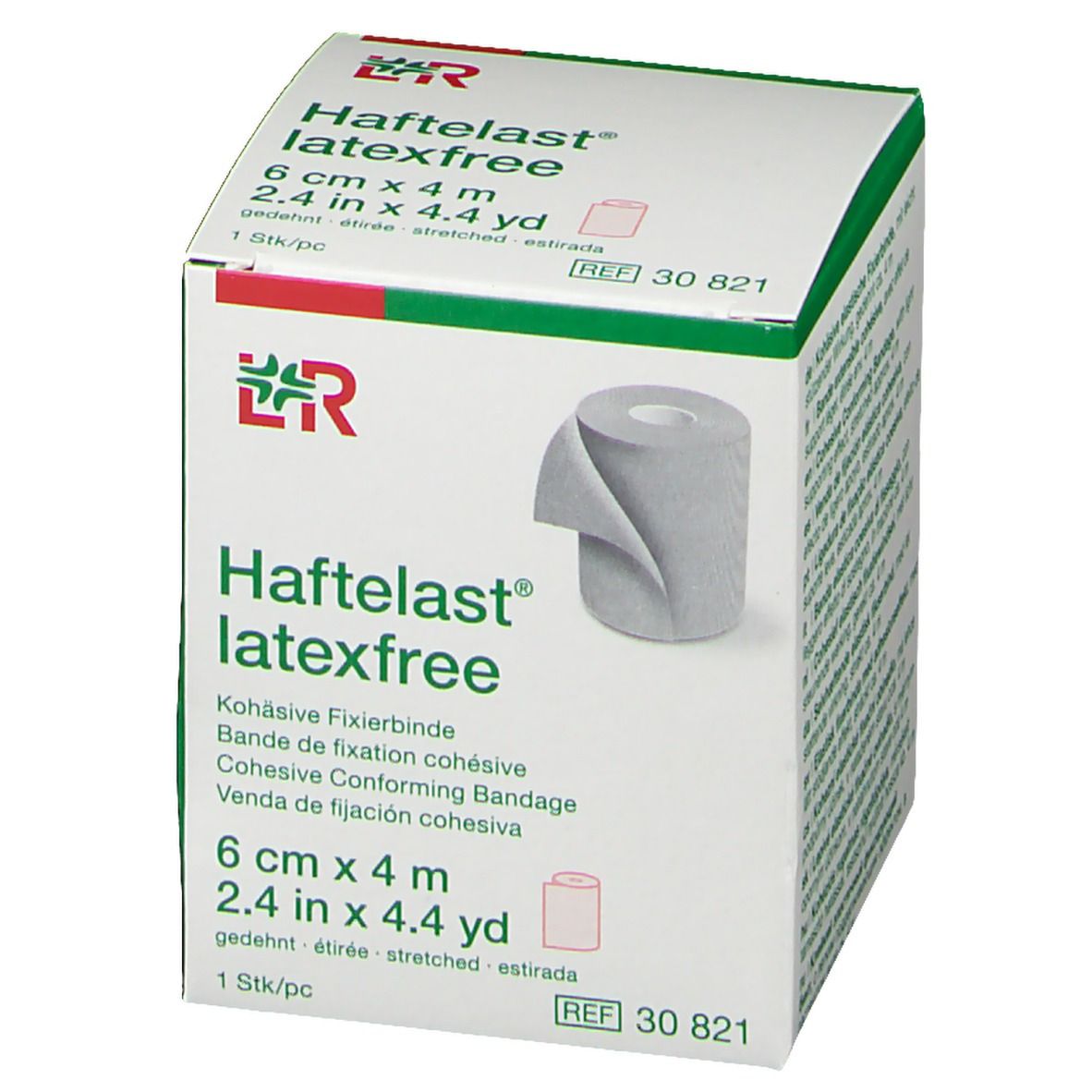 Emballage Haftelast® latexfree, 6 cm x 4 m. Bande de fixation cohésive. Boîte verte et blanche avec image du produit.