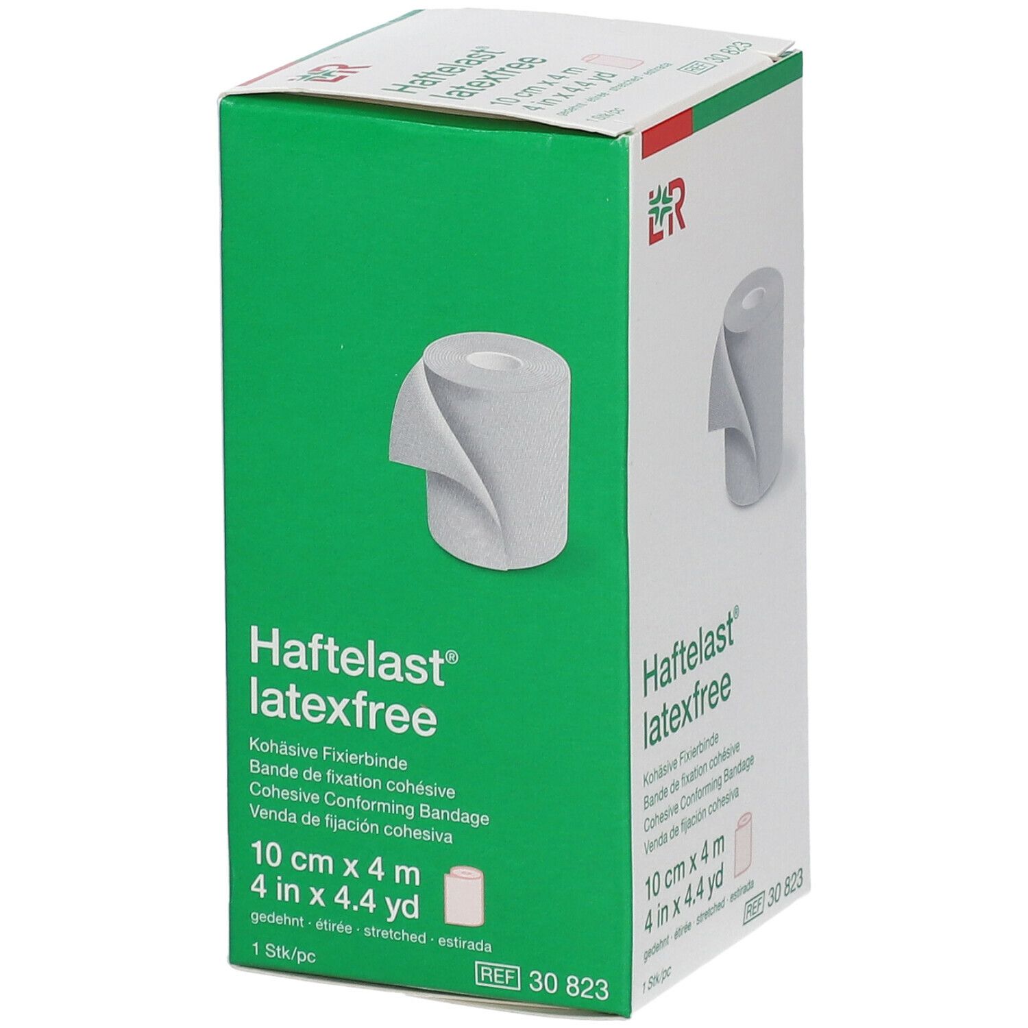 Boîte de bandage de fixation Haftelast® latexfree. Design vert et blanc. Inscription : 10 cm x 4 m. Logo LR. Rouleau de bandage représenté.