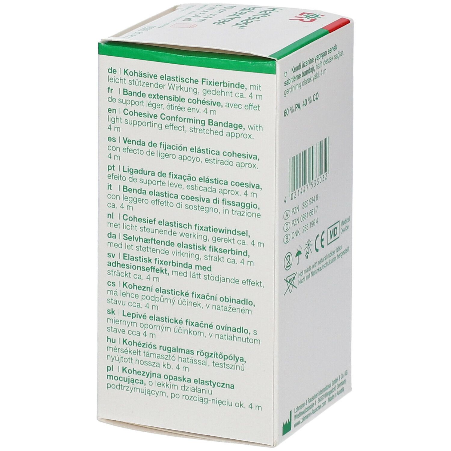 Côté de l'emballage Haftelast® latexfree. Texte multilingue. Inscription : 10 cm x 4 m. Marquage CE. Symbole MD.