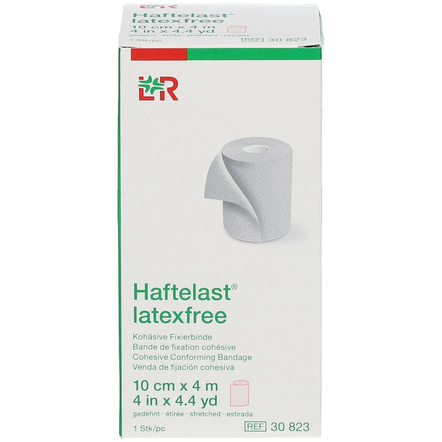 Boîte de bandage de fixation Haftelast® latexfree. Inscription : 10 cm x 4 m, 1 pc. Logo LR. Rouleau de bandage représenté.