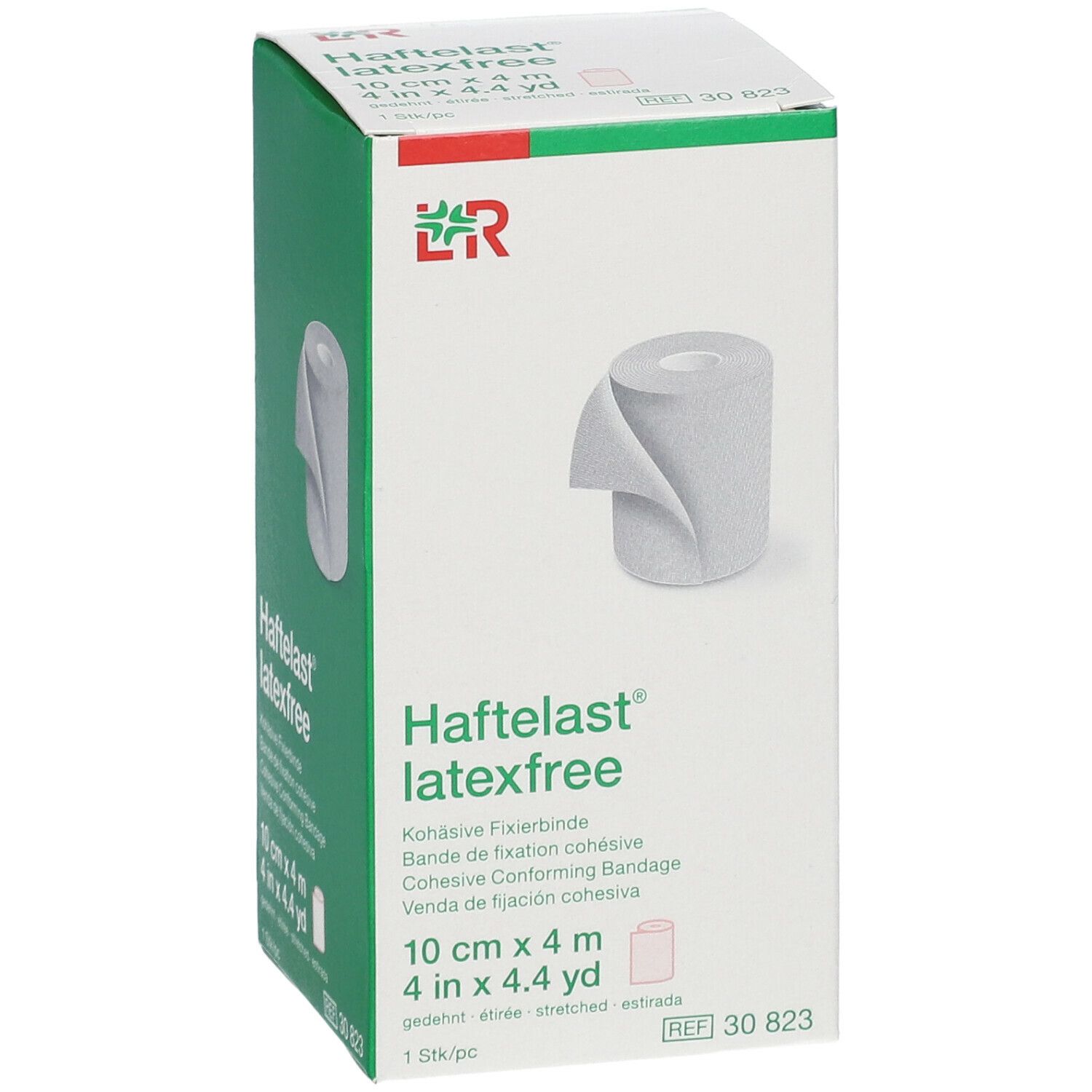 Boîte de bandage de fixation Haftelast® latexfree. Inscription : 10 cm x 4 m, 1 pc. Logo LR. Rouleau de bandage représenté.