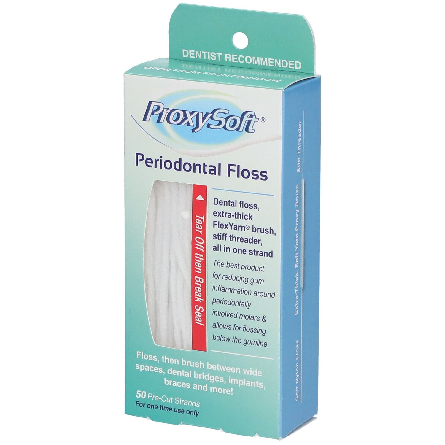 Verpakking met ProxySoft Periodontal Floss. Bevat 50 voorgesneden strengen. Met FlexYarn borstel en stijve draadinsteker.