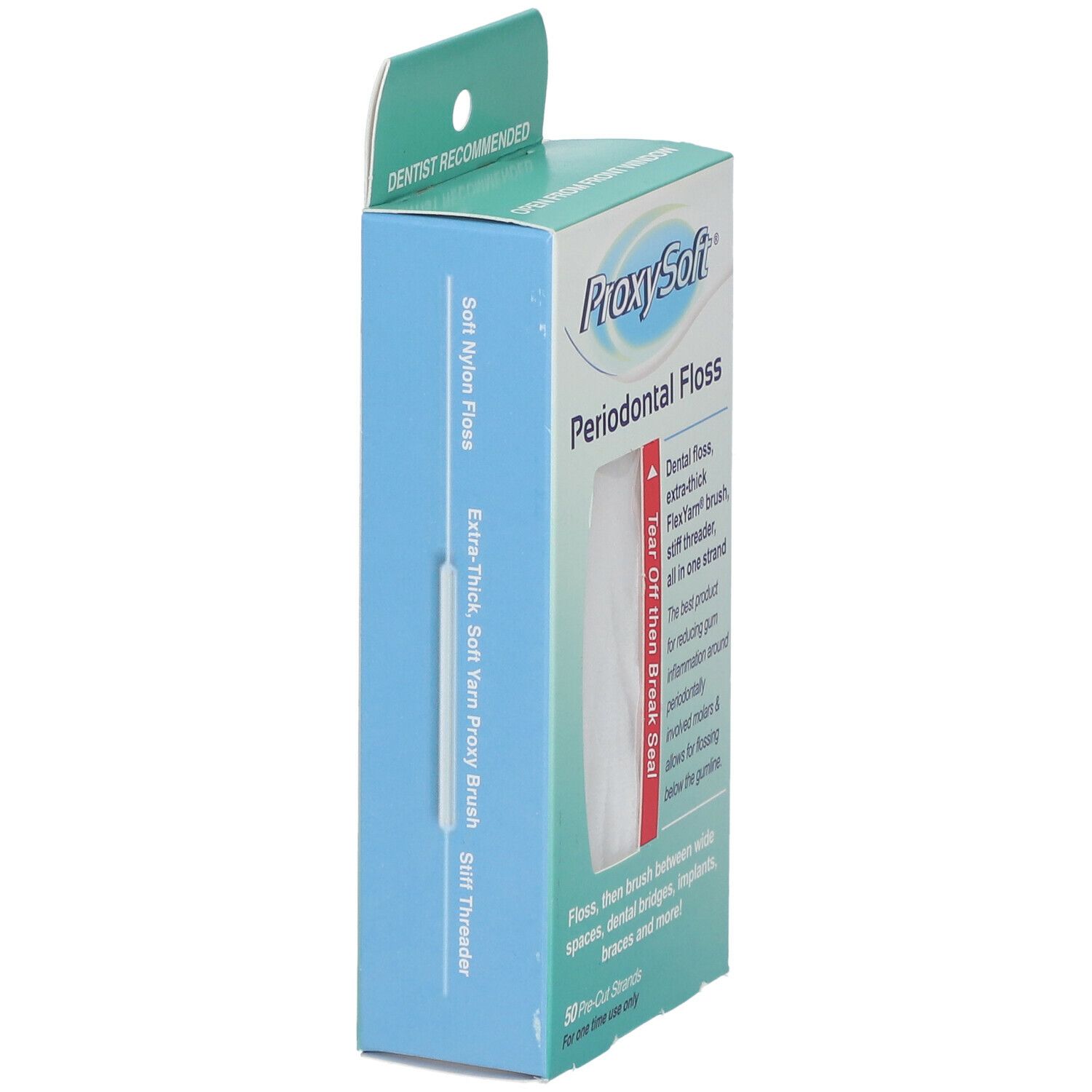 Zijaanzicht van de verpakking met ProxySoft Periodontal Floss. Met FlexYarn borstel en stijve draadinsteker. Tekst: Soft Nylon Floss.