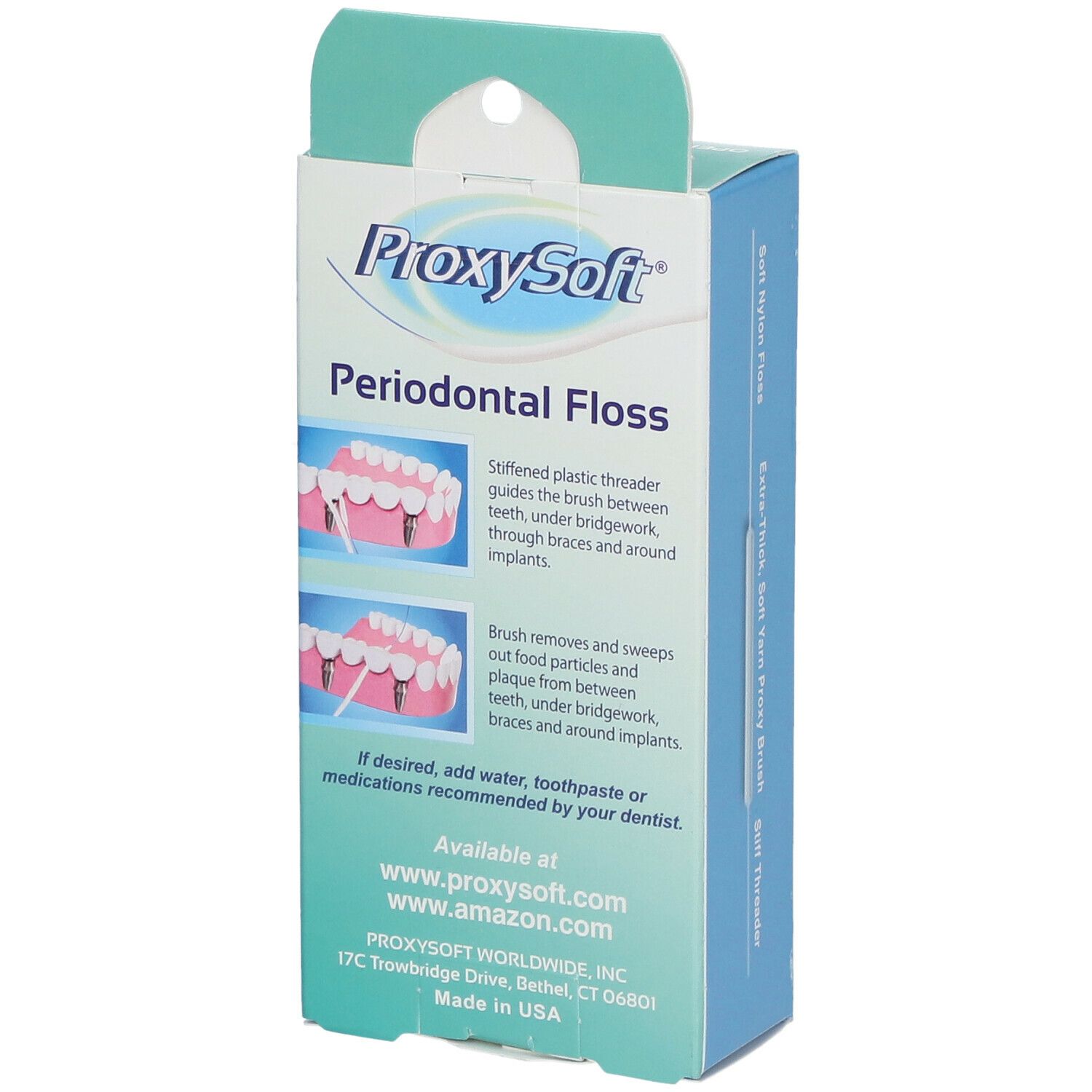 Achterkant van de verpakking met ProxySoft Periodontal Floss. Illustraties van gebruik. Adres- en website-informatie.