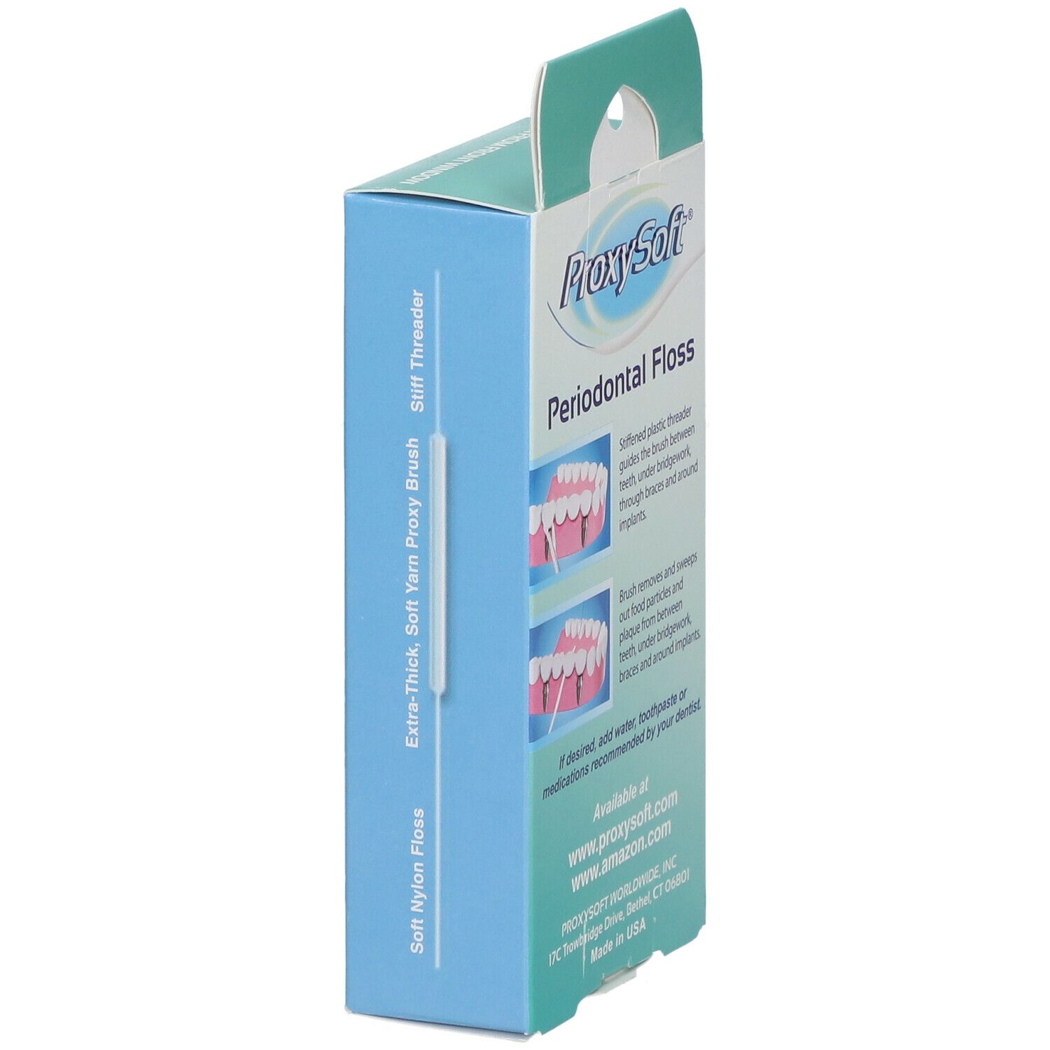 Zijaanzicht van de verpakking met ProxySoft Periodontal Floss. Met FlexYarn borstel en stijve draadinsteker. Tekst: Soft Nylon Floss.