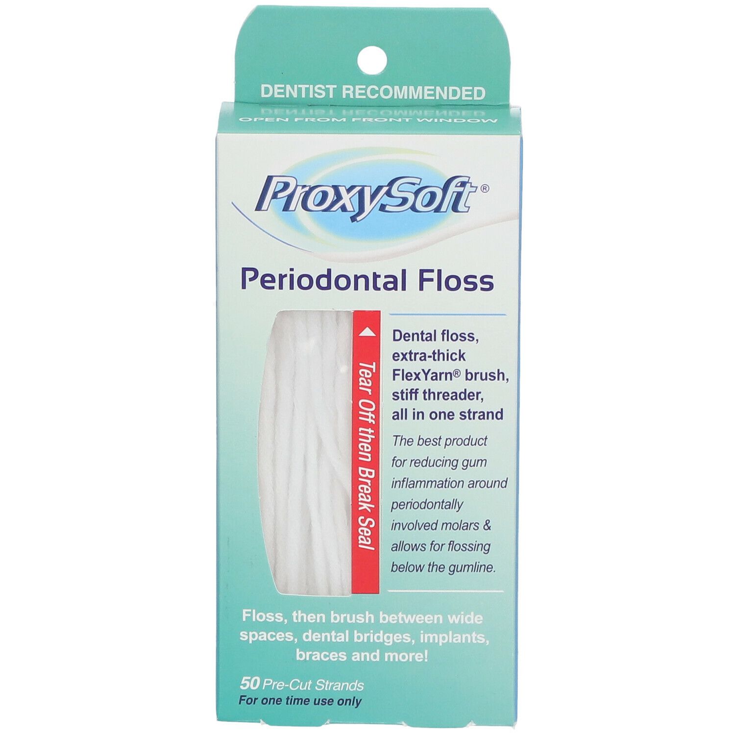 Verpakking met ProxySoft Periodontal Floss. Bevat 50 voorgesneden strengen. Met FlexYarn borstel en stijve draadinsteker.
