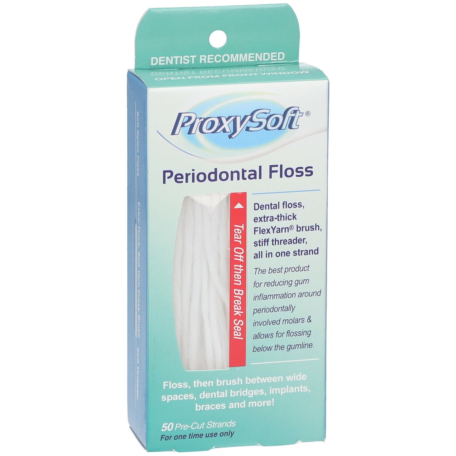 Verpakking met ProxySoft Periodontal Floss. Bevat 50 voorgesneden strengen. Met FlexYarn borstel en stijve draadinsteker.
