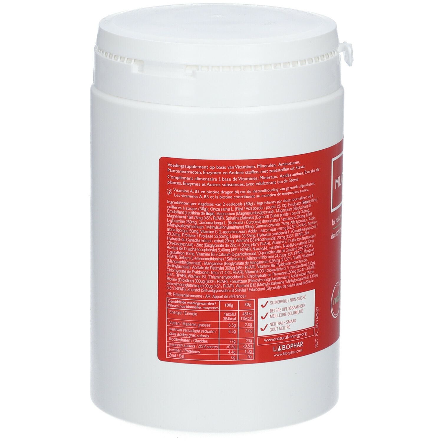 Récipient blanc avec étiquette rouge. Texte avec ingrédients et informations nutritionnelles.