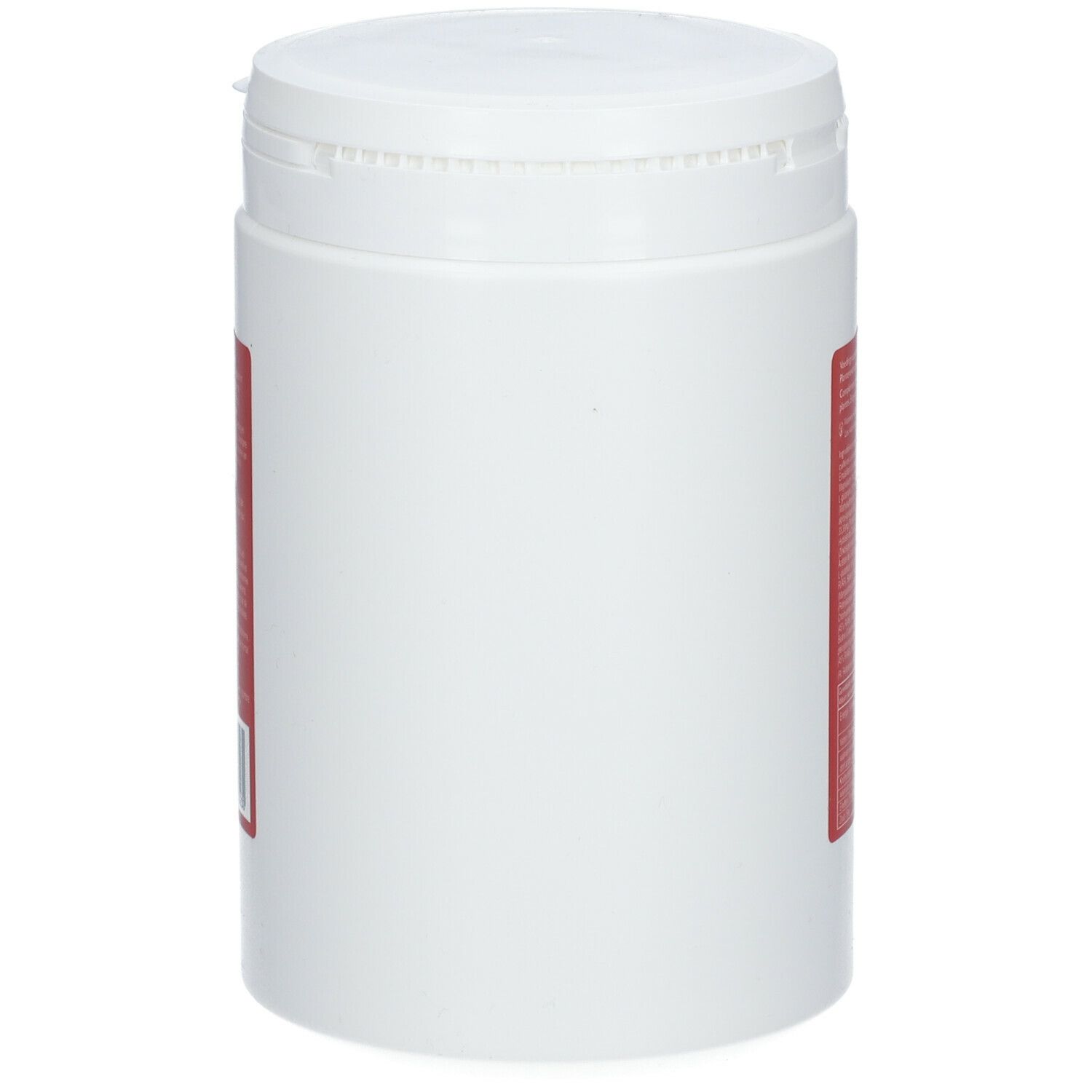 Récipient blanc avec étiquette rouge. Le récipient a un couvercle blanc.