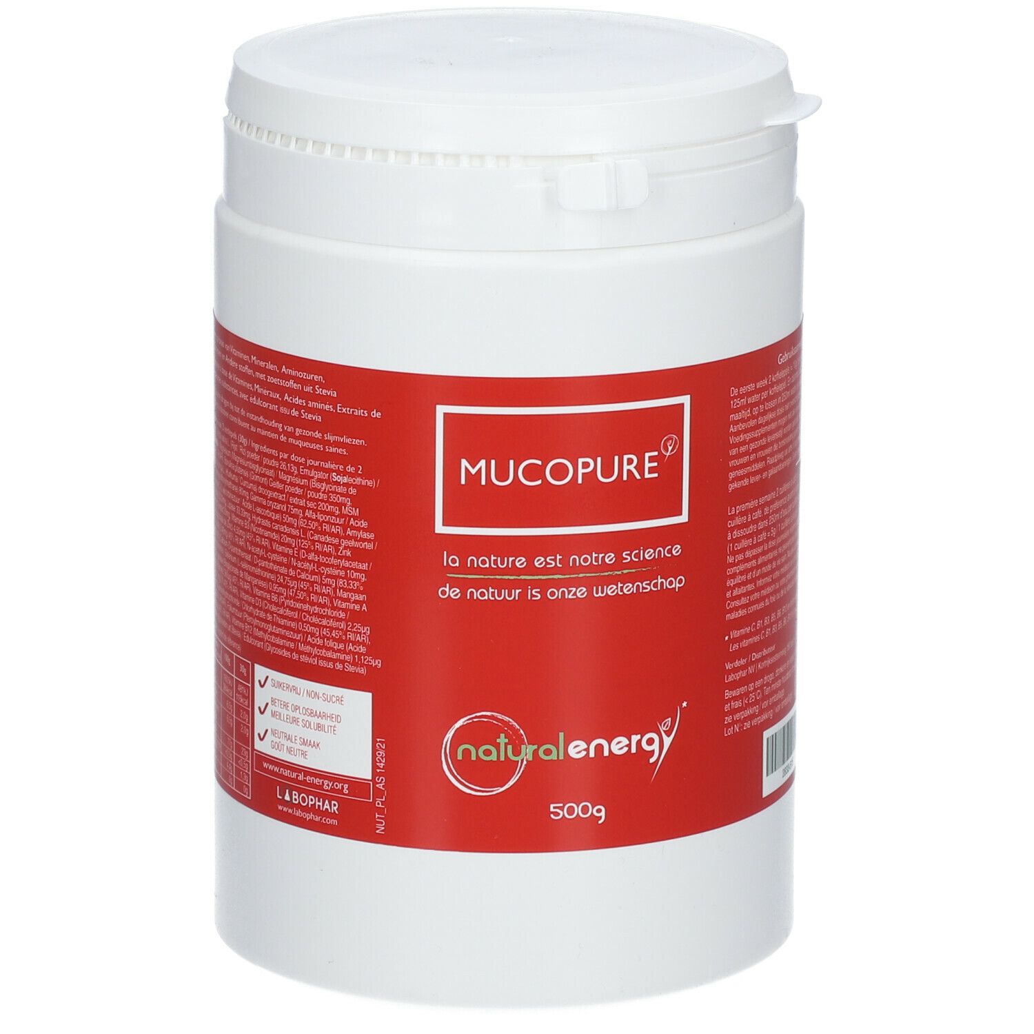 Récipient blanc avec étiquette rouge. L'étiquette indique "MUCOPURE" et "natural energy".