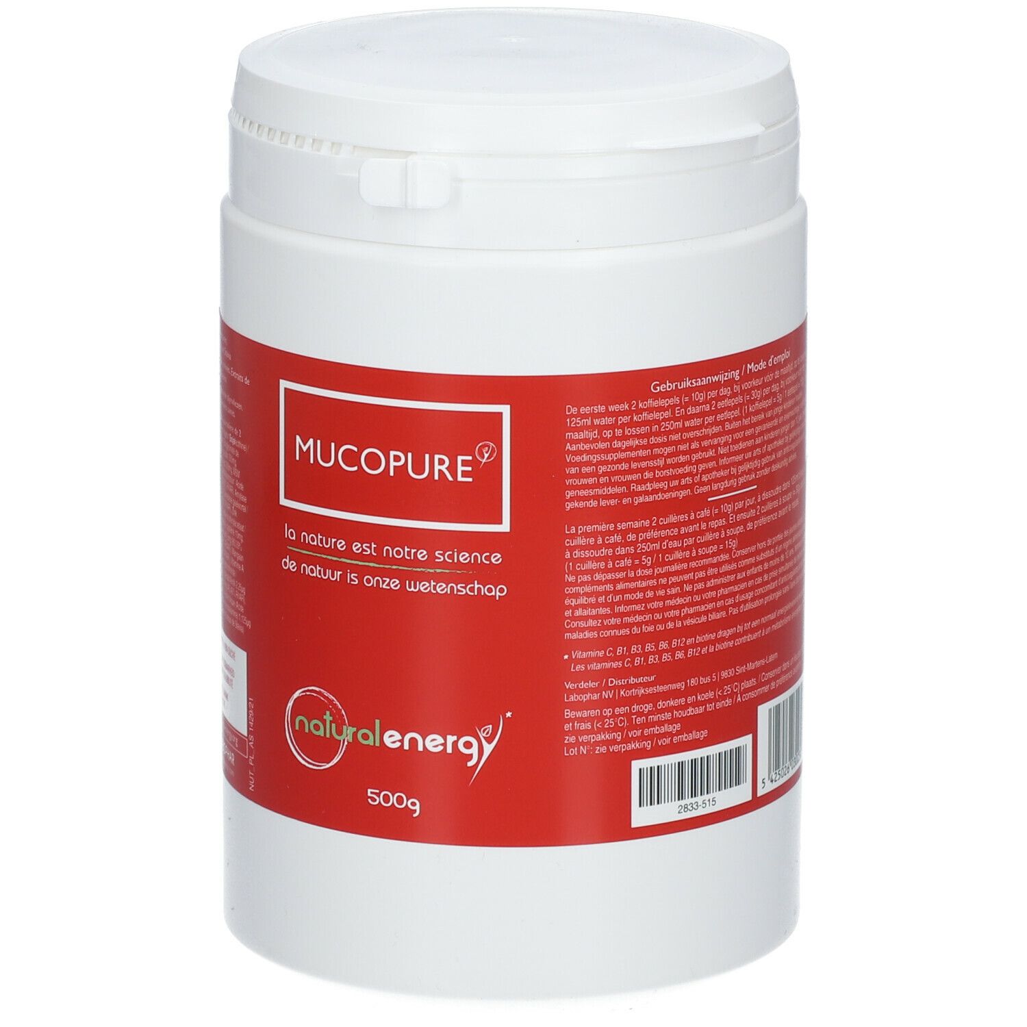 Récipient blanc avec étiquette rouge. L'étiquette indique "MUCOPURE" et "natural energy".
