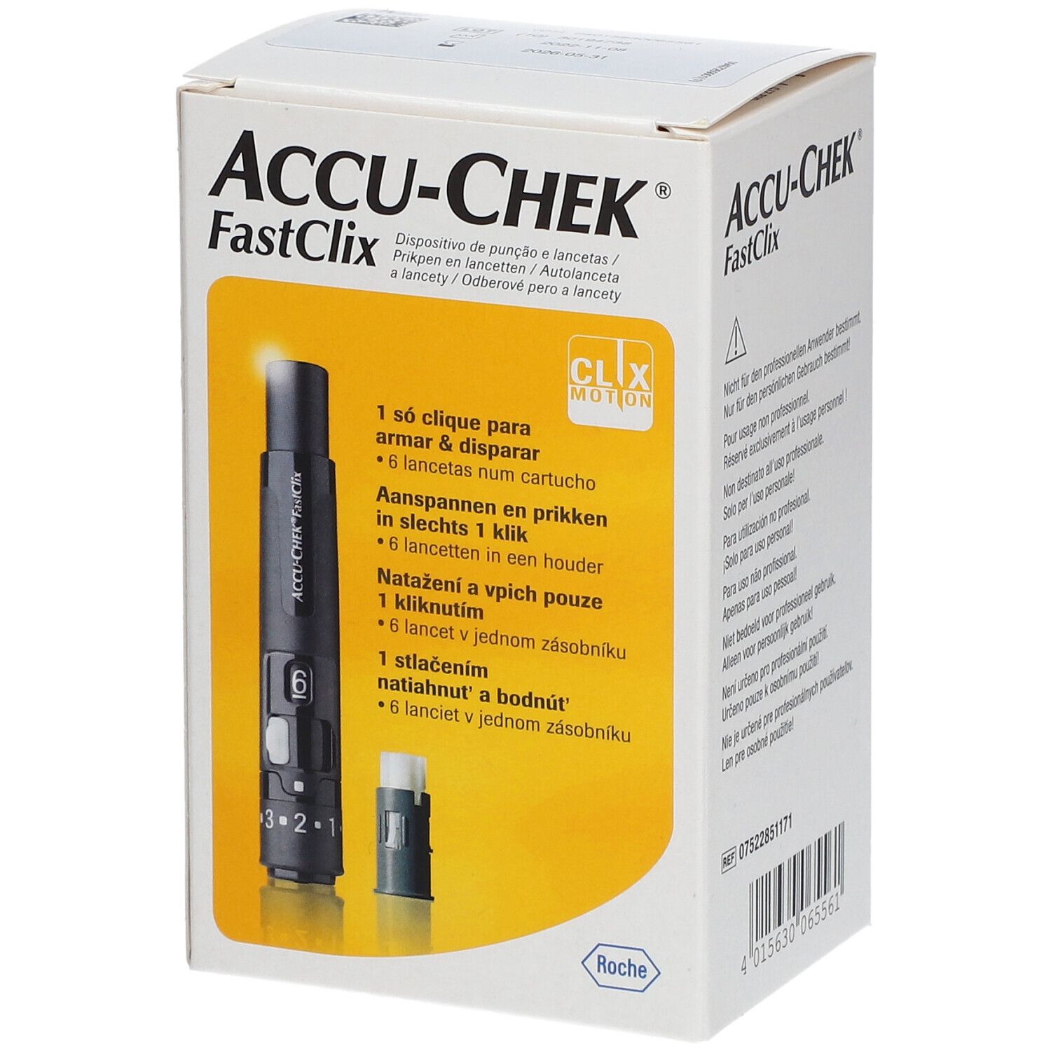 Verpackung ACCU-CHEK FastClix. Enthält Stechhilfe und Lanzetten. Aufdruck: 1 só clique, 6 lancetas.