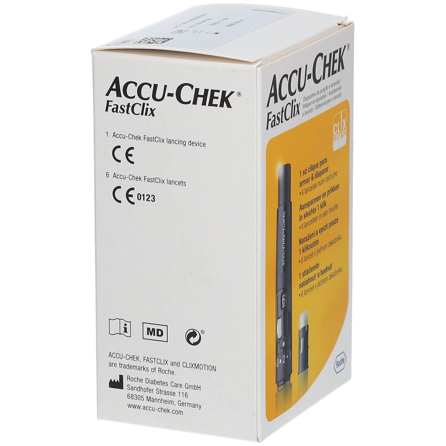 Verpackung ACCU-CHEK FastClix. Enthält Stechhilfe und Lanzetten. CE-Kennzeichnung. Informationen zum Hersteller.