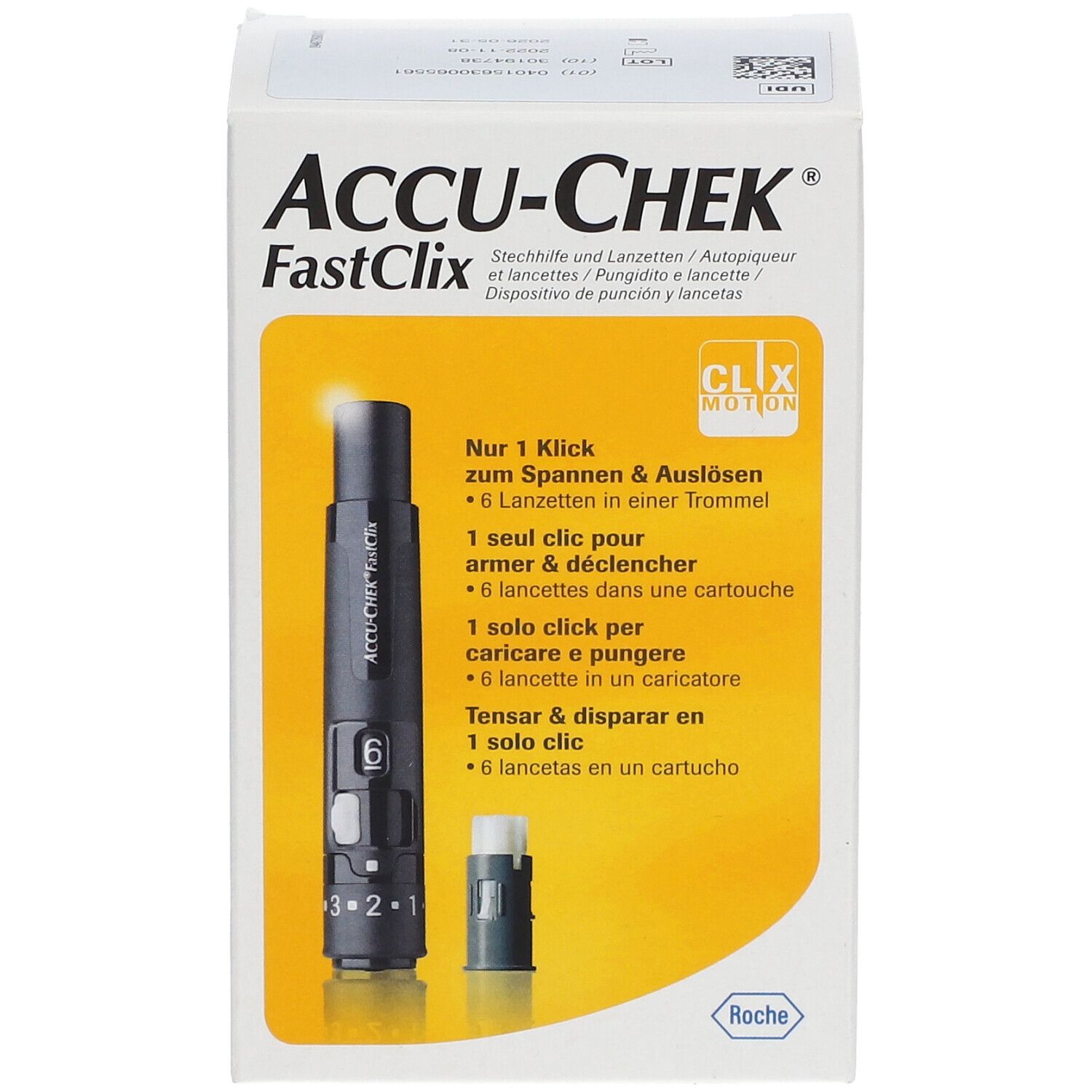 Verpackung ACCU-CHEK FastClix. Enthält Stechhilfe und Lanzetten. Aufdruck: Nur 1 Klick, 6 Lanzetten.
