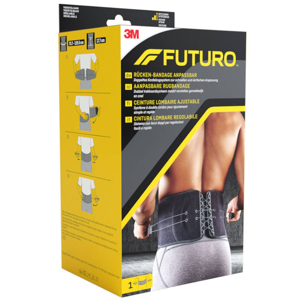 Emballage avec produit et instructions d'utilisation. Ceinture lombaire FUTURO. Indications de taille et schémas d'application.