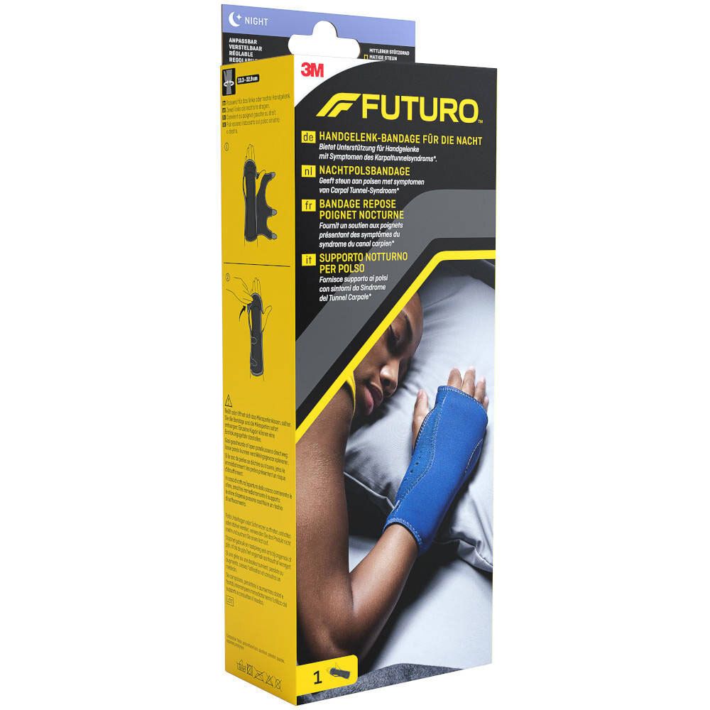 Verpackung mit blauem Handgelenk-Bandage. Auf der Verpackung steht: 3M FUTURO. Die Bandage wird nachts getragen.