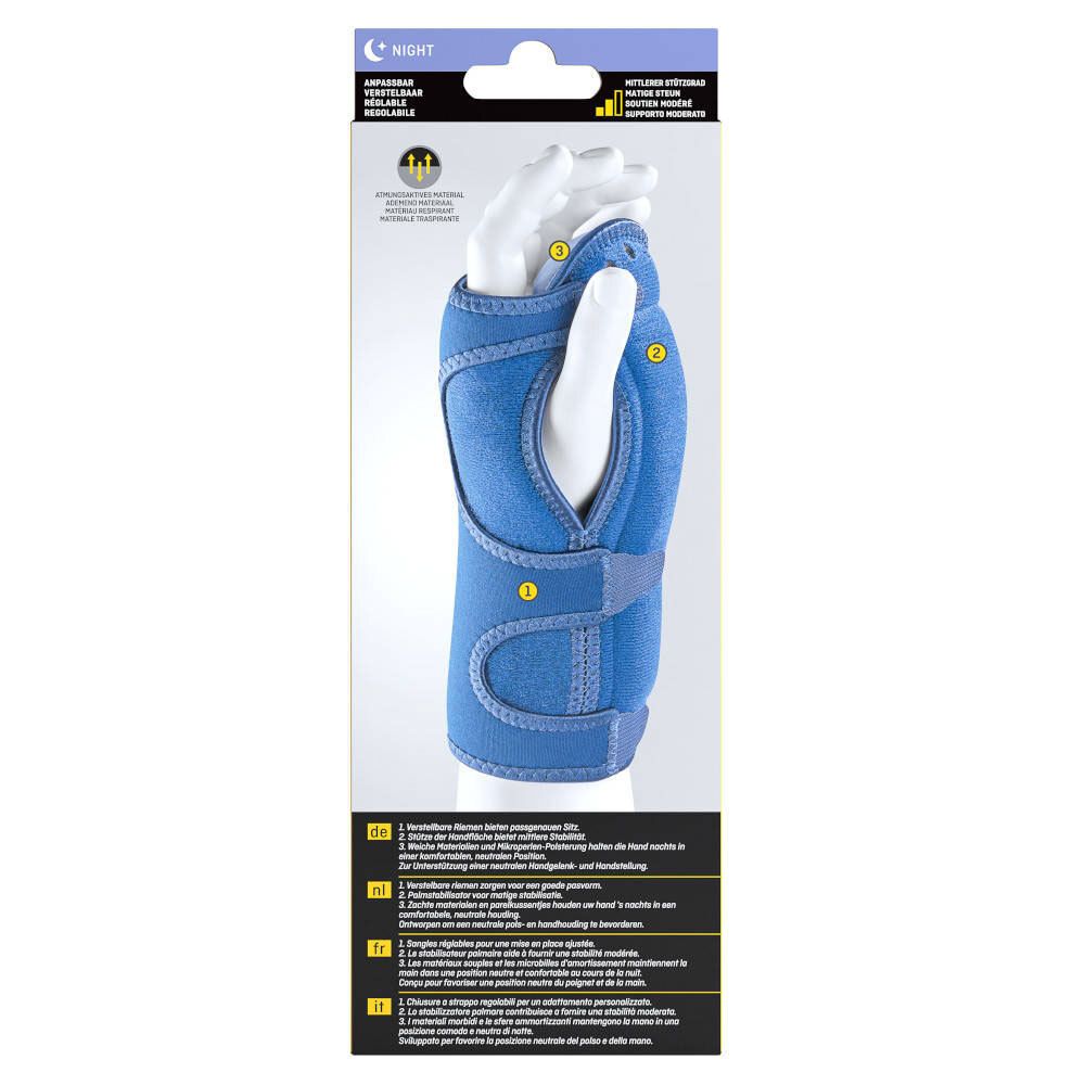 Blaue Handgelenk-Bandage auf einem weißen Handmodell. Auf der Bandage sind Markierungen.