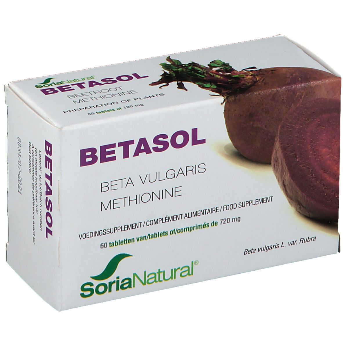 Betasol-Verpackung mit Produktnamen und Inhaltsstoffen. Abbildung von Rote Bete. Soria Natural Logo.