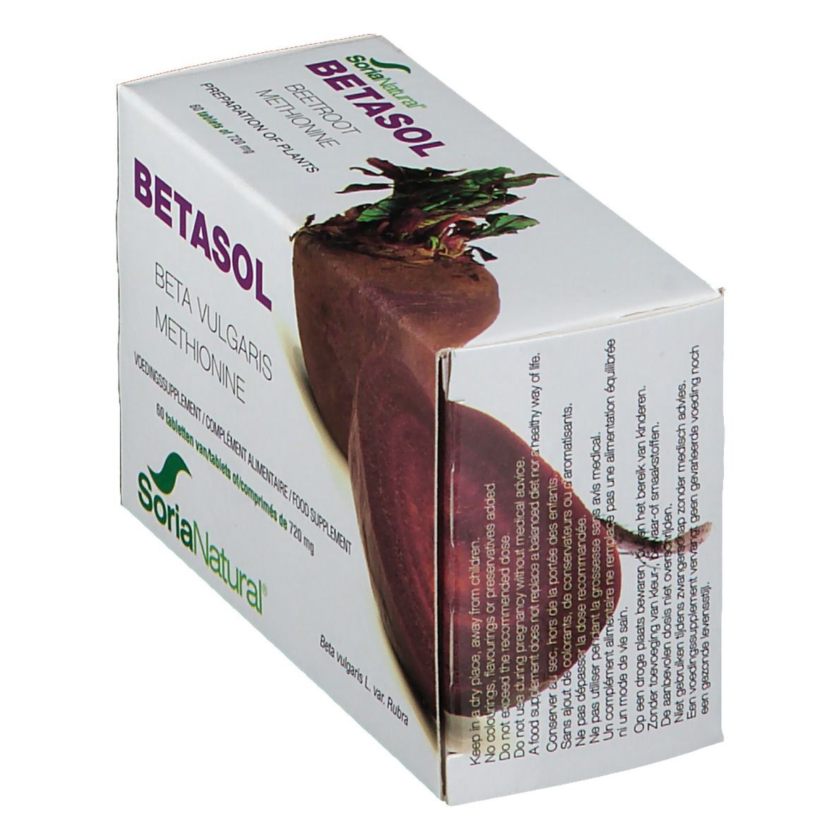 Betasol-Verpackung, schräg. Produktname und Inhaltsstoffe sichtbar. Abbildung von Rote Bete. Soria Natural Logo.