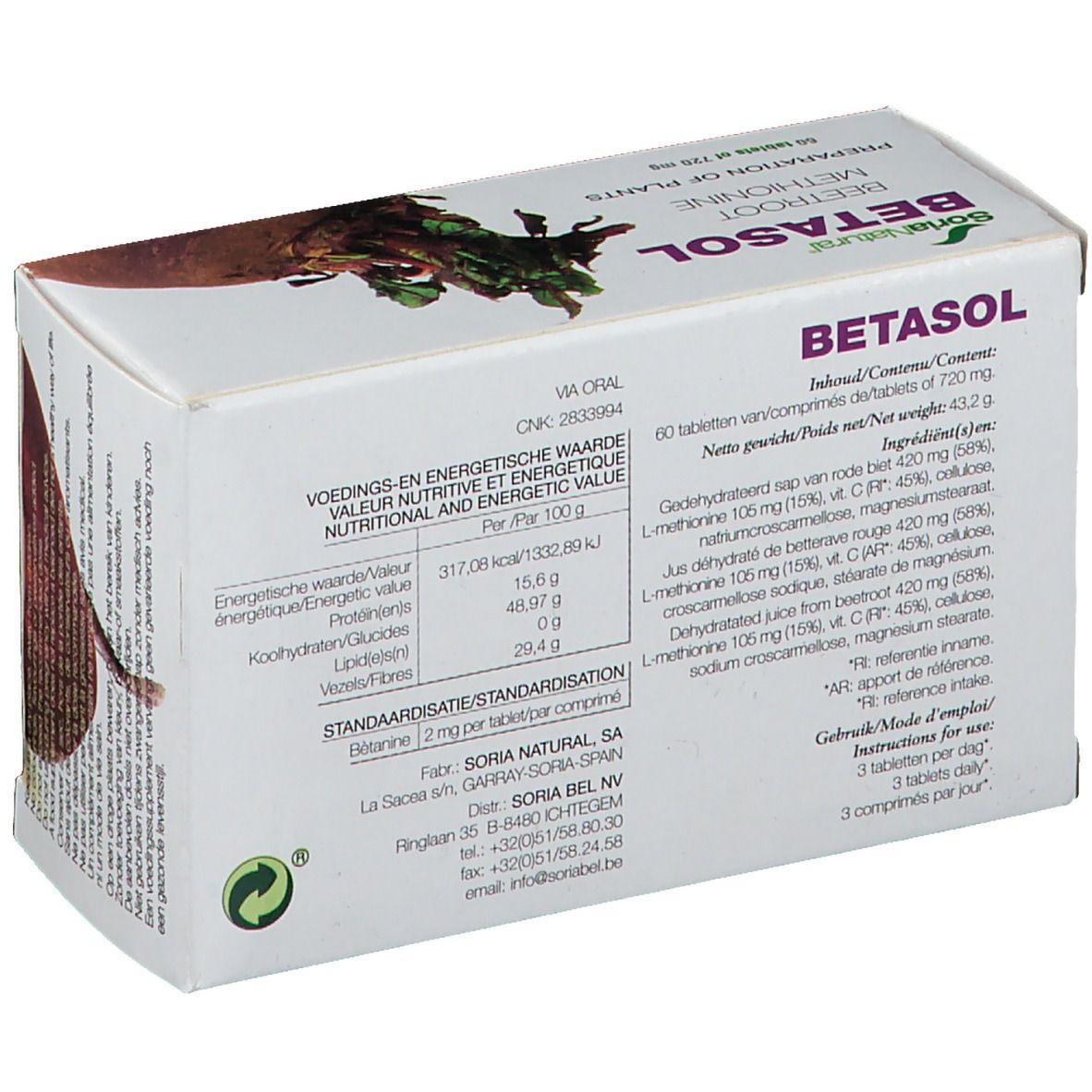 Rückseite der Betasol-Verpackung. Nährwertangaben, Inhaltsstoffe und Herstellerinformationen. Soria Natural Logo.