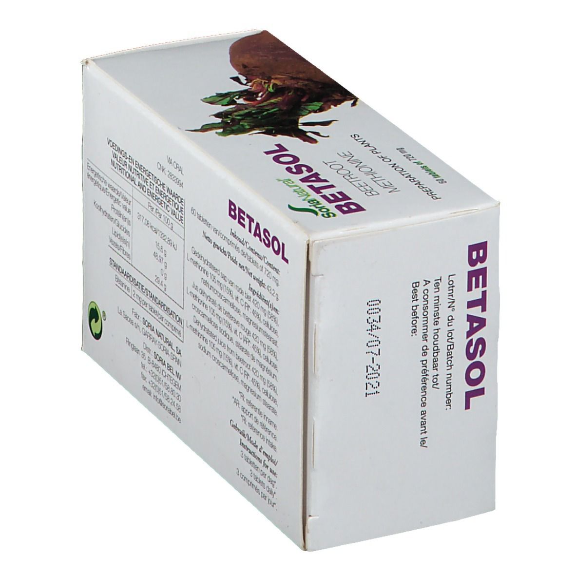 Betasol-Verpackung, schräg. Produktname und Haltbarkeitsdatum. Soria Natural Logo. Rote Bete Abbildung.