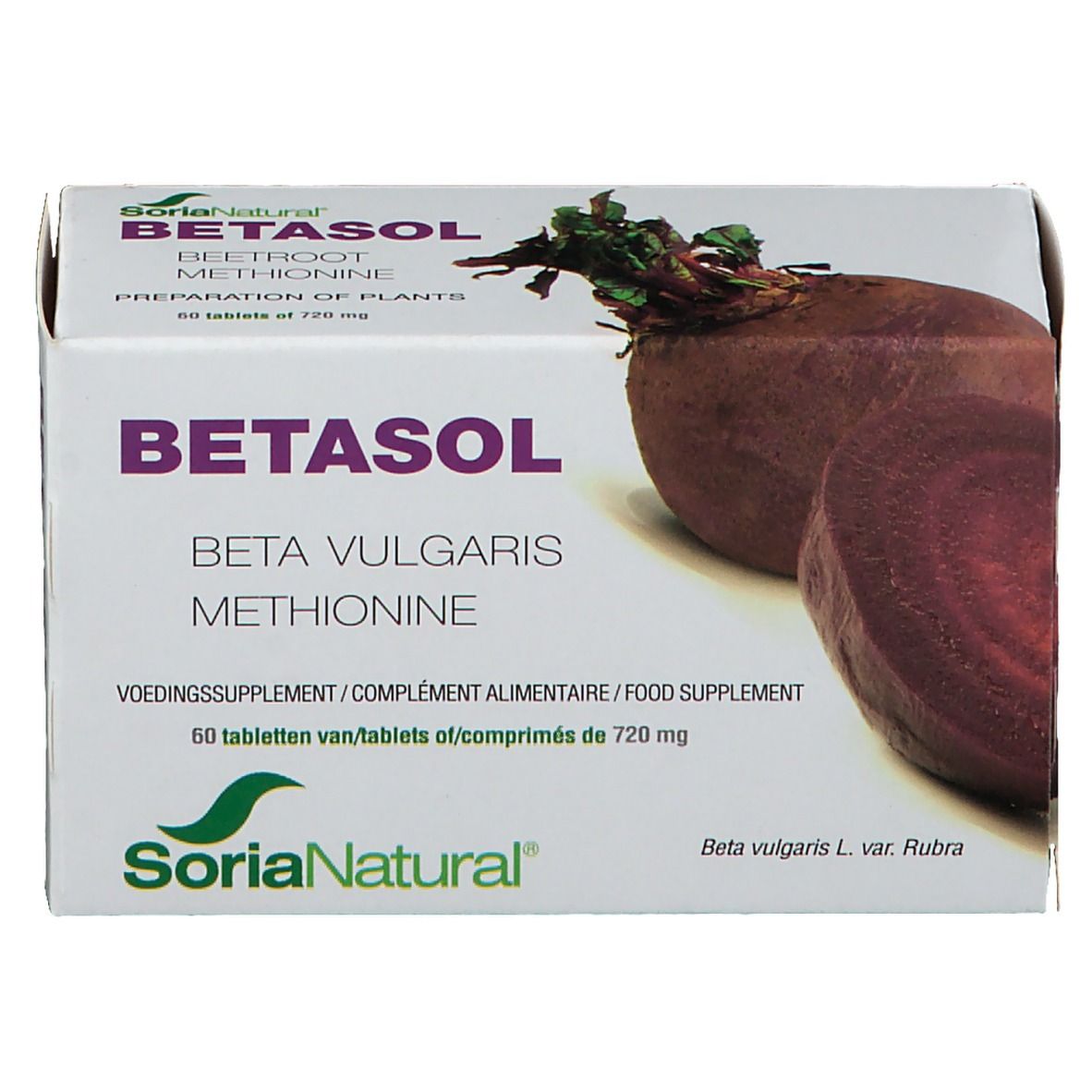 Betasol-Verpackung mit Produktnamen und Inhaltsstoffen. Abbildung von Rote Bete. Soria Natural Logo.