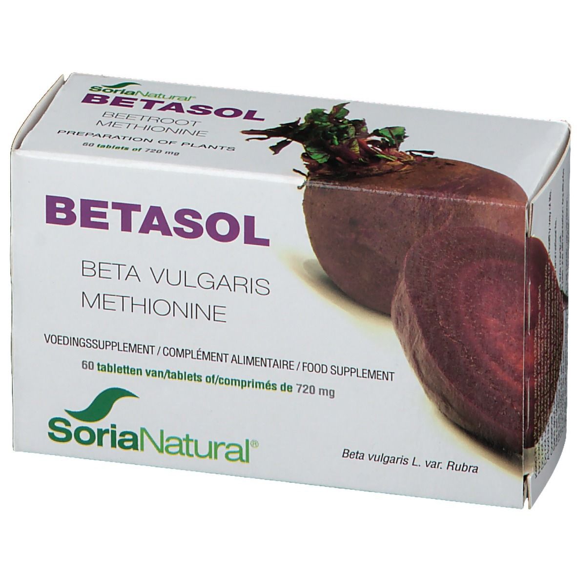 Betasol-Verpackung mit Produktnamen und Inhaltsstoffen. Abbildung von Rote Bete. Soria Natural Logo.