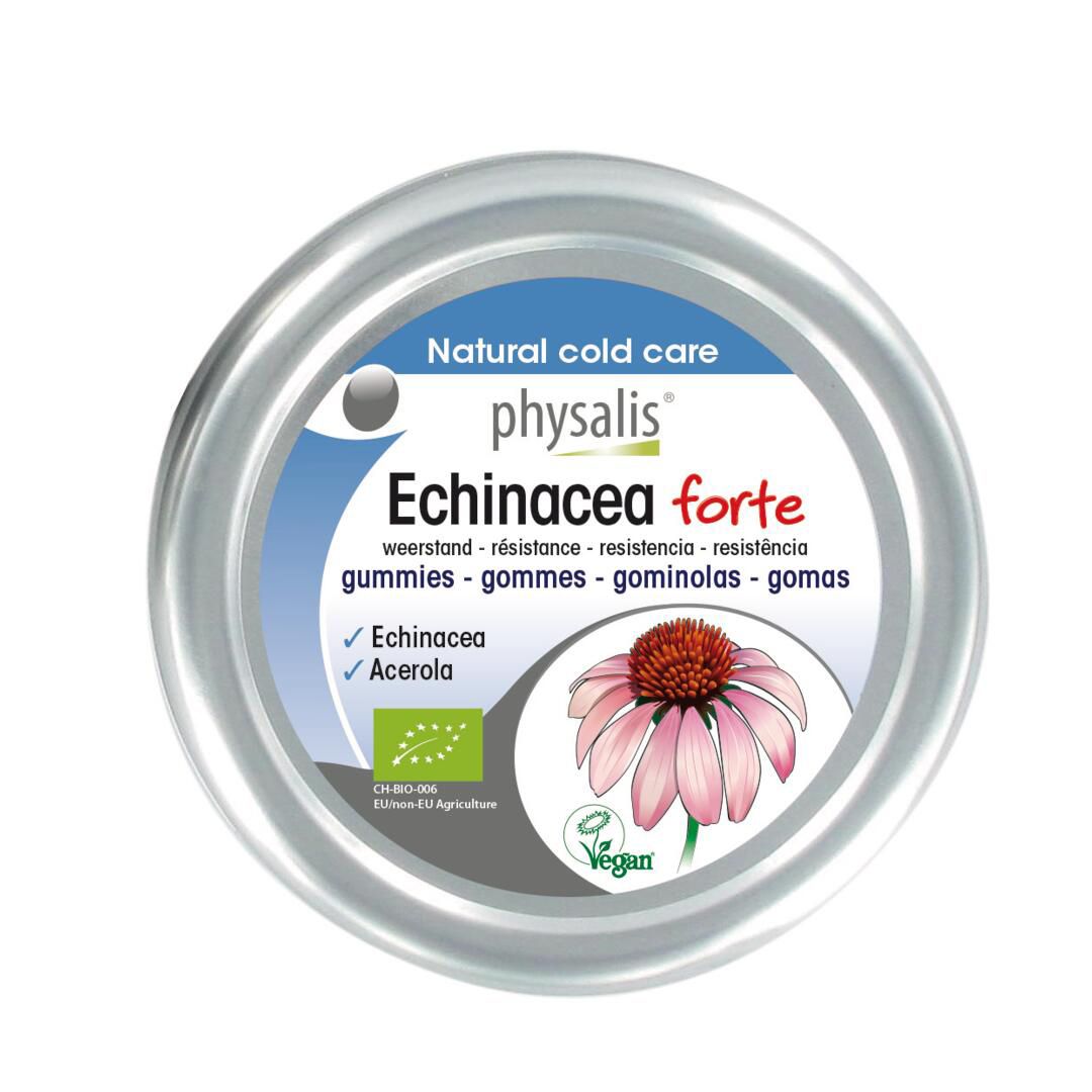 Boîte ronde avec couvercle. Inscription: Physalis Echinacea forte. Illustration d'une fleur. Label Bio et logo Vegan.