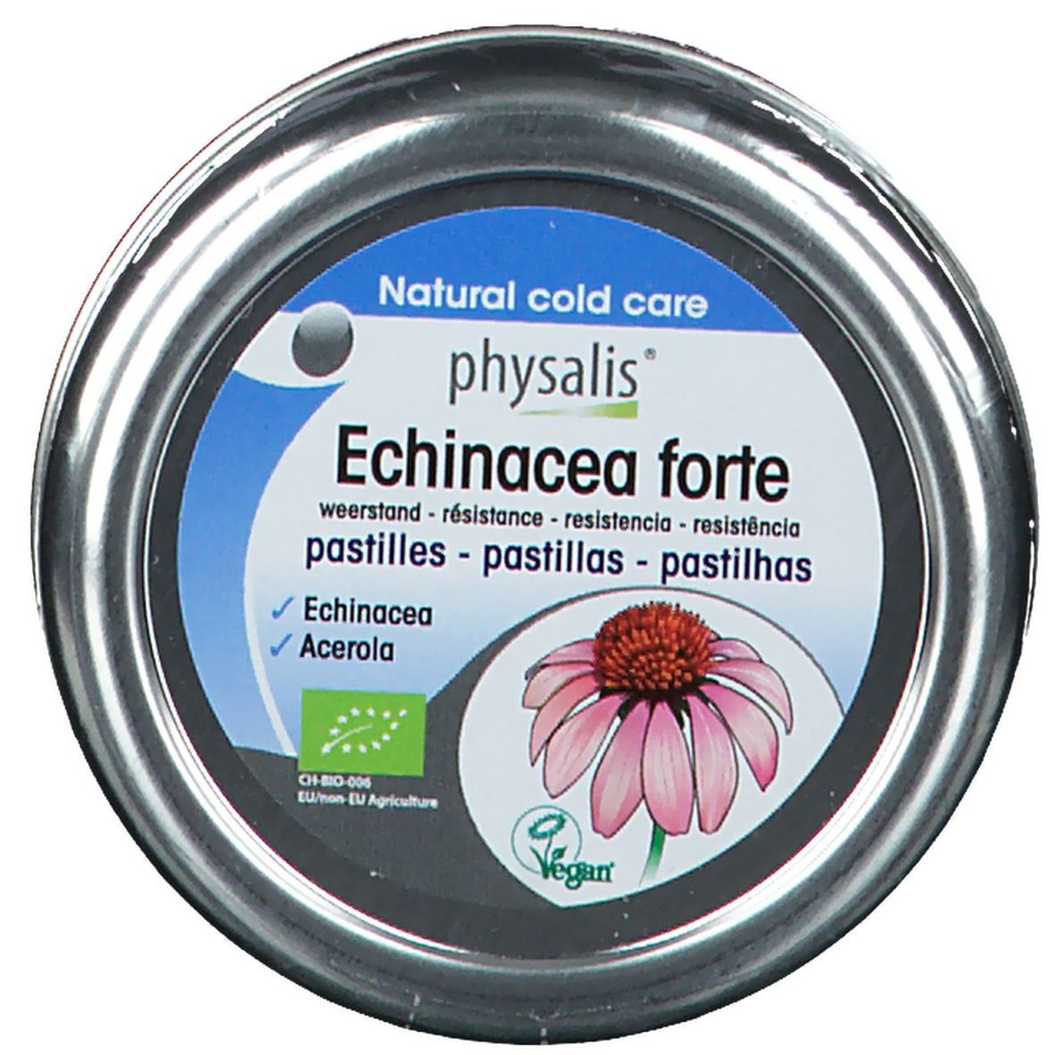 Boîte ronde avec couvercle. Inscription: Physalis Echinacea forte. Illustration d'une fleur. Label Bio et logo Vegan.