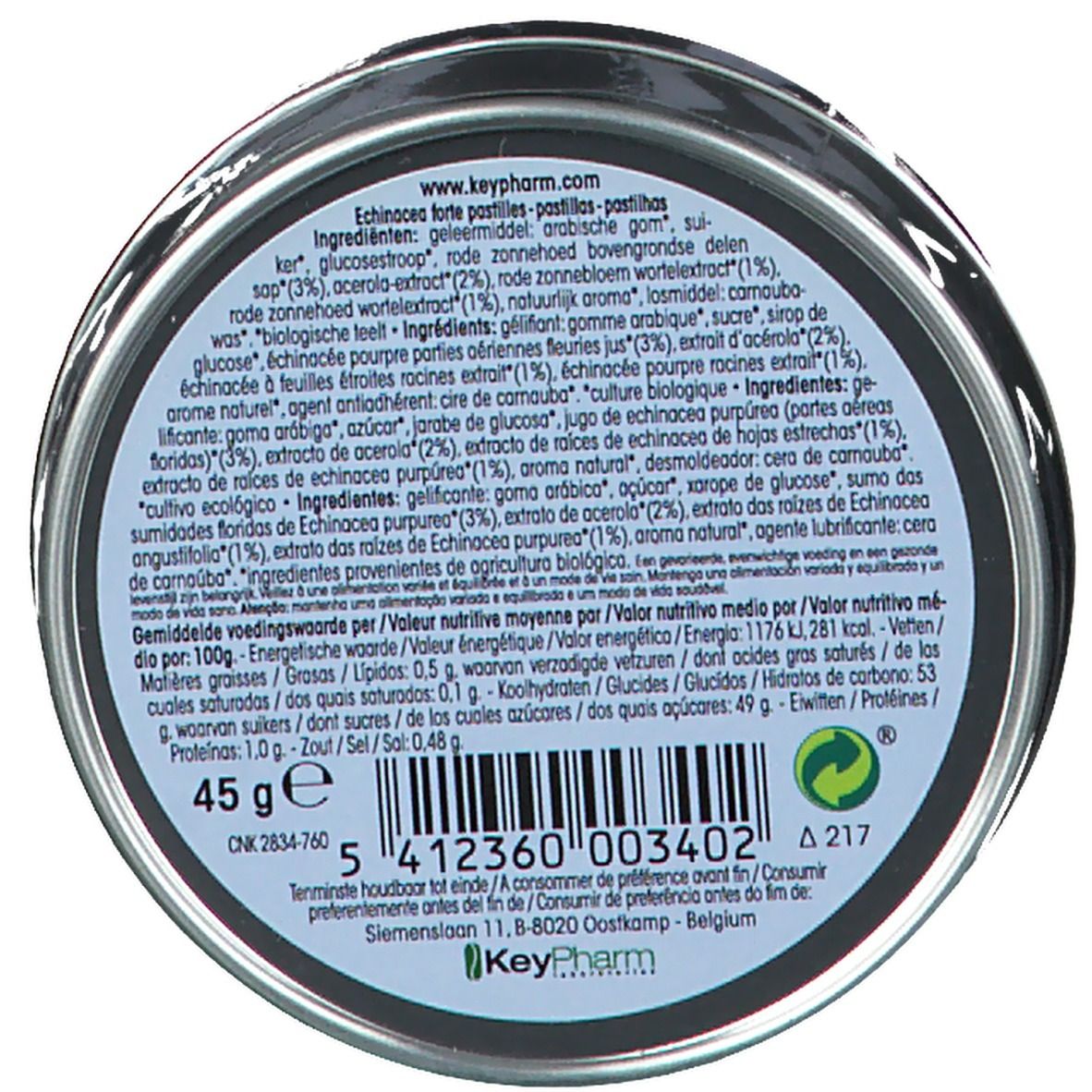 Fond de boîte rond avec texte. Informations sur les ingrédients et la valeur nutritionnelle. Logo KeyPharm. Poids: 45 g.