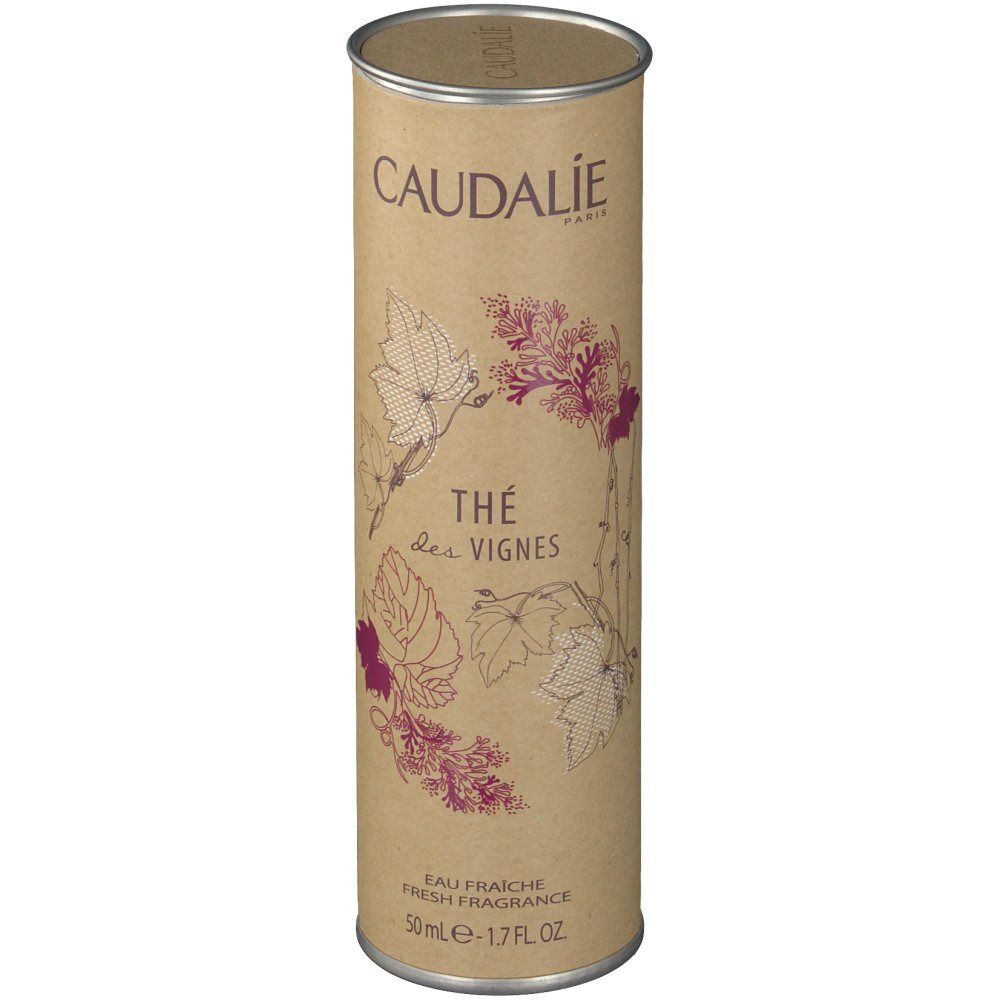 Cilindrische verpakking met Caudalie-logo en bloemmotief. Tekst: Thé des Vignes, Eau Fraîche, 50 ml.