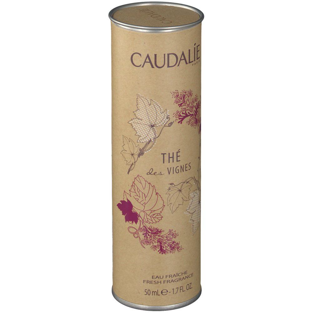 Cilindrische verpakking met Caudalie-logo en bloemmotief. Tekst: Thé des Vignes, Eau Fraîche, 50 ml.