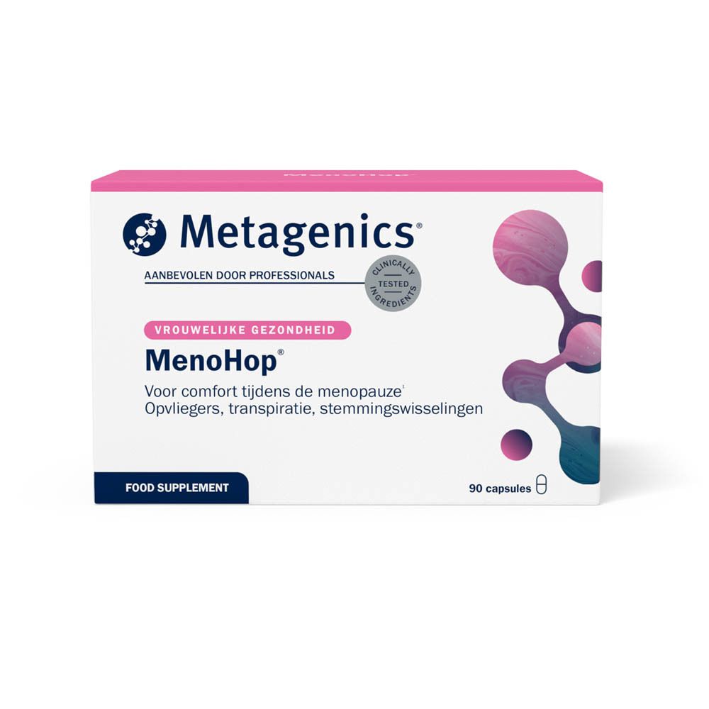 Weißer Karton mit Menohop-Logo und Text. Enthält 90 Kapseln. Metagenics-Logo.