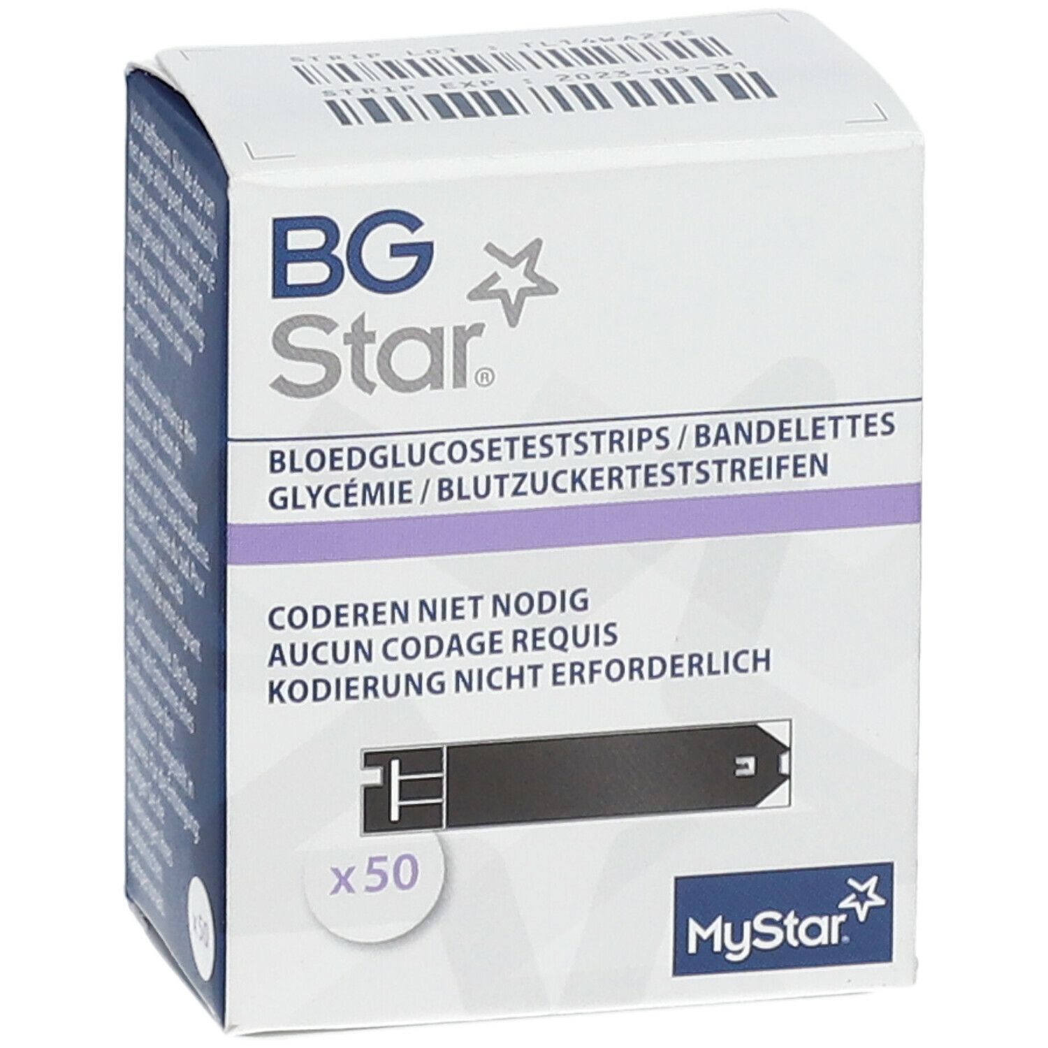 Schachtel mit BGStar Blutzuckerteststreifen. Aufschrift: Blutzuckerteststreifen, 50 Stück. Marke: MyStar.