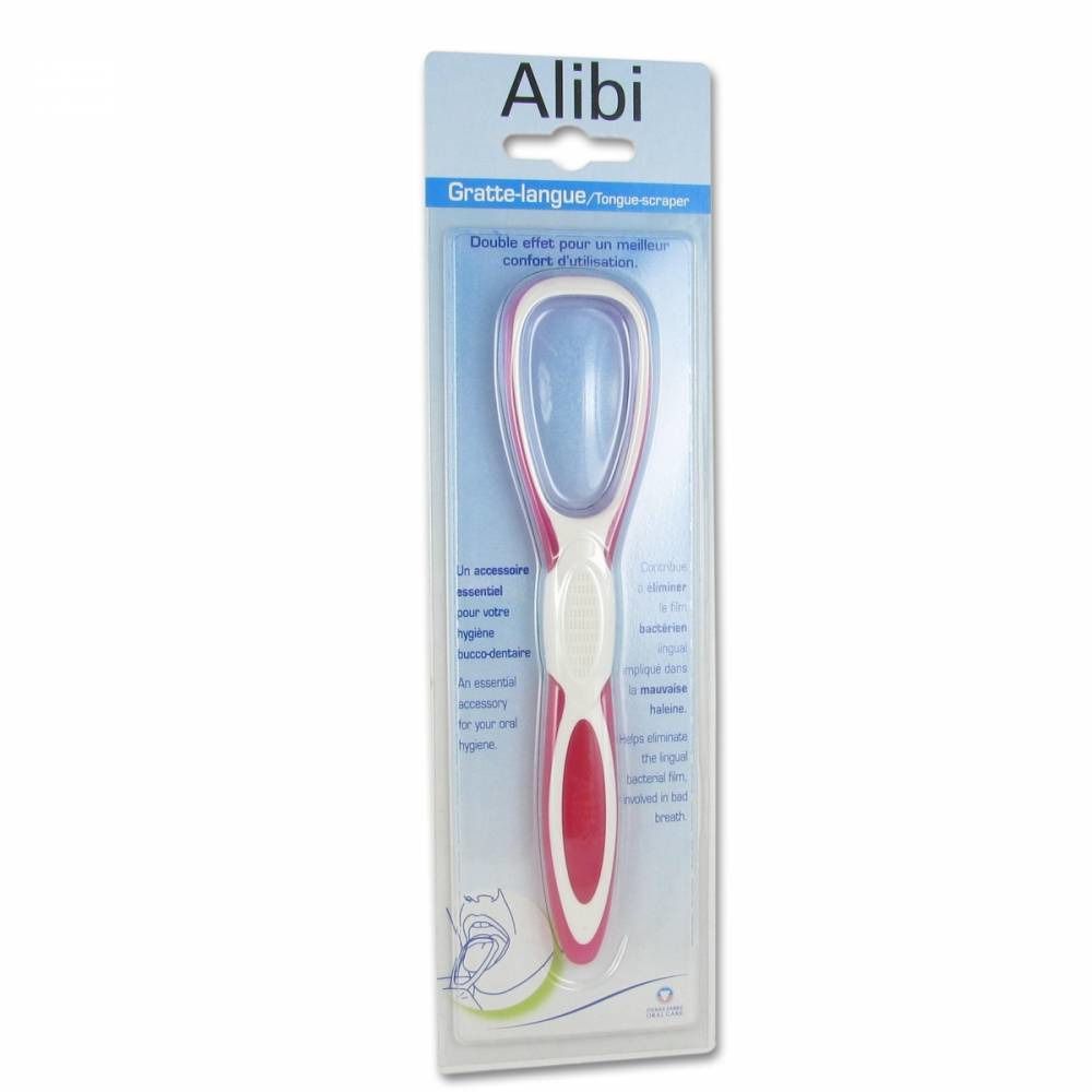 Tongschraper Alibi in verpakking. Roze en wit design. Dubbel effect voor beter comfort.