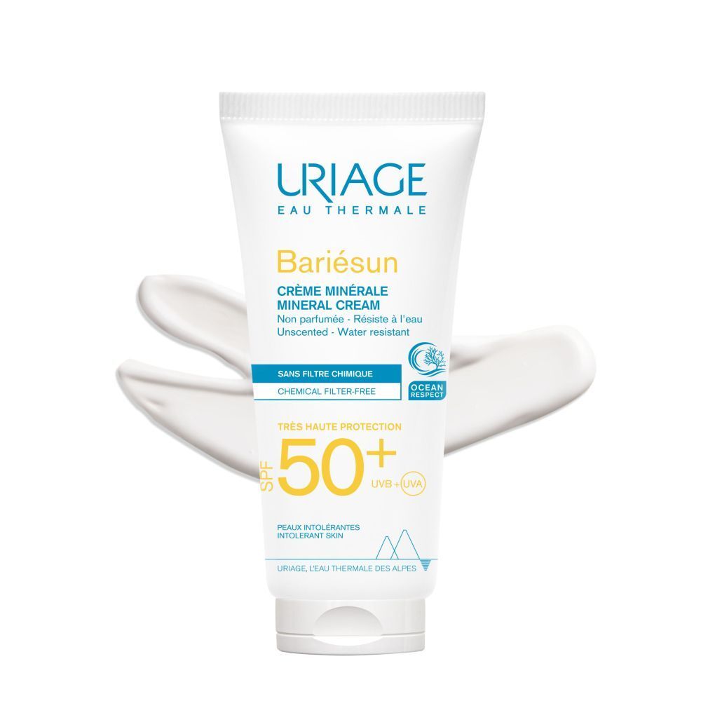 Tube blanc Uriage BARIÉSUN Crème Minérale SPF50+. Produit sur fond blanc. Texte et logo.