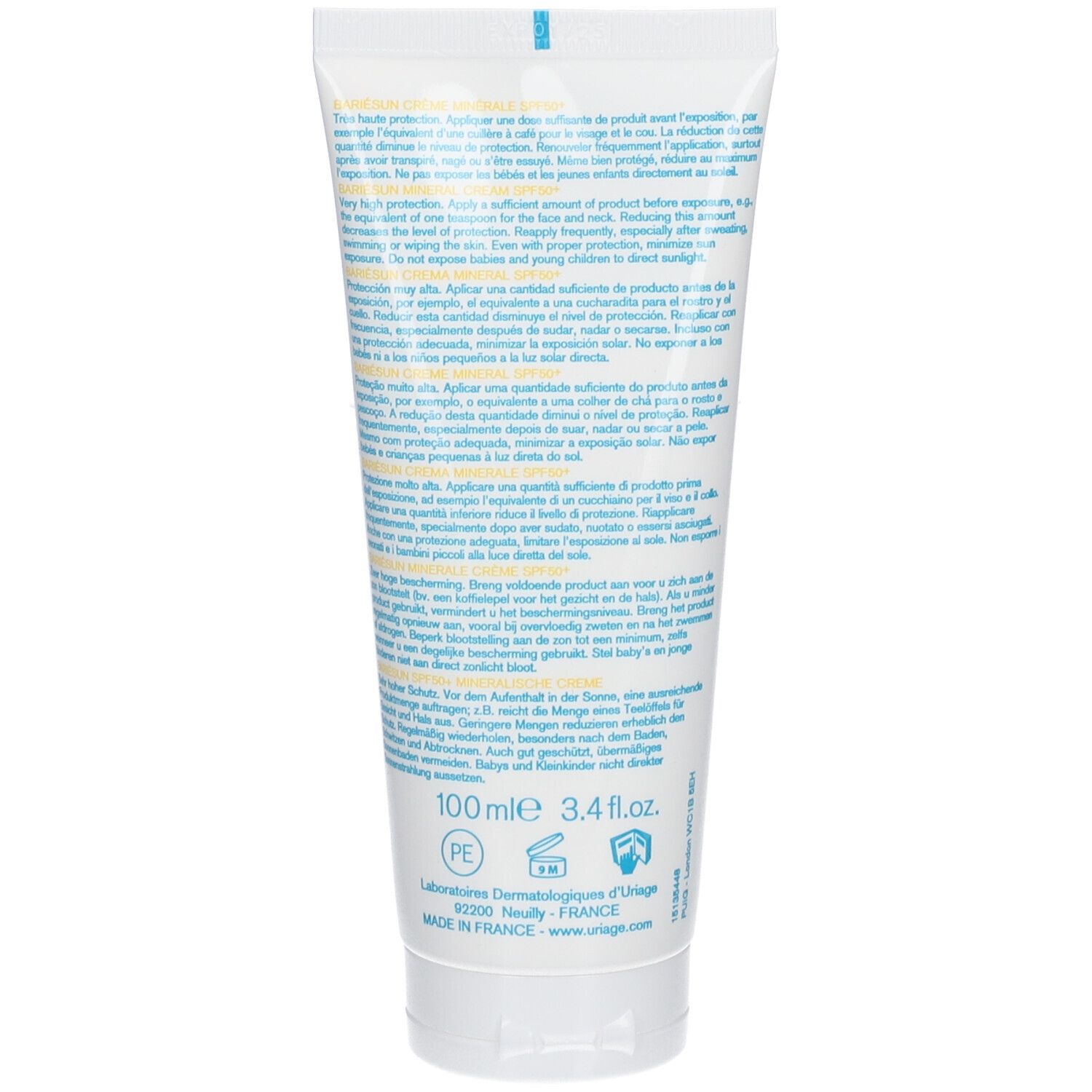 Dos du tube Uriage BARIÉSUN Crème Minérale SPF50+. Texte multilingue. 100 ml.