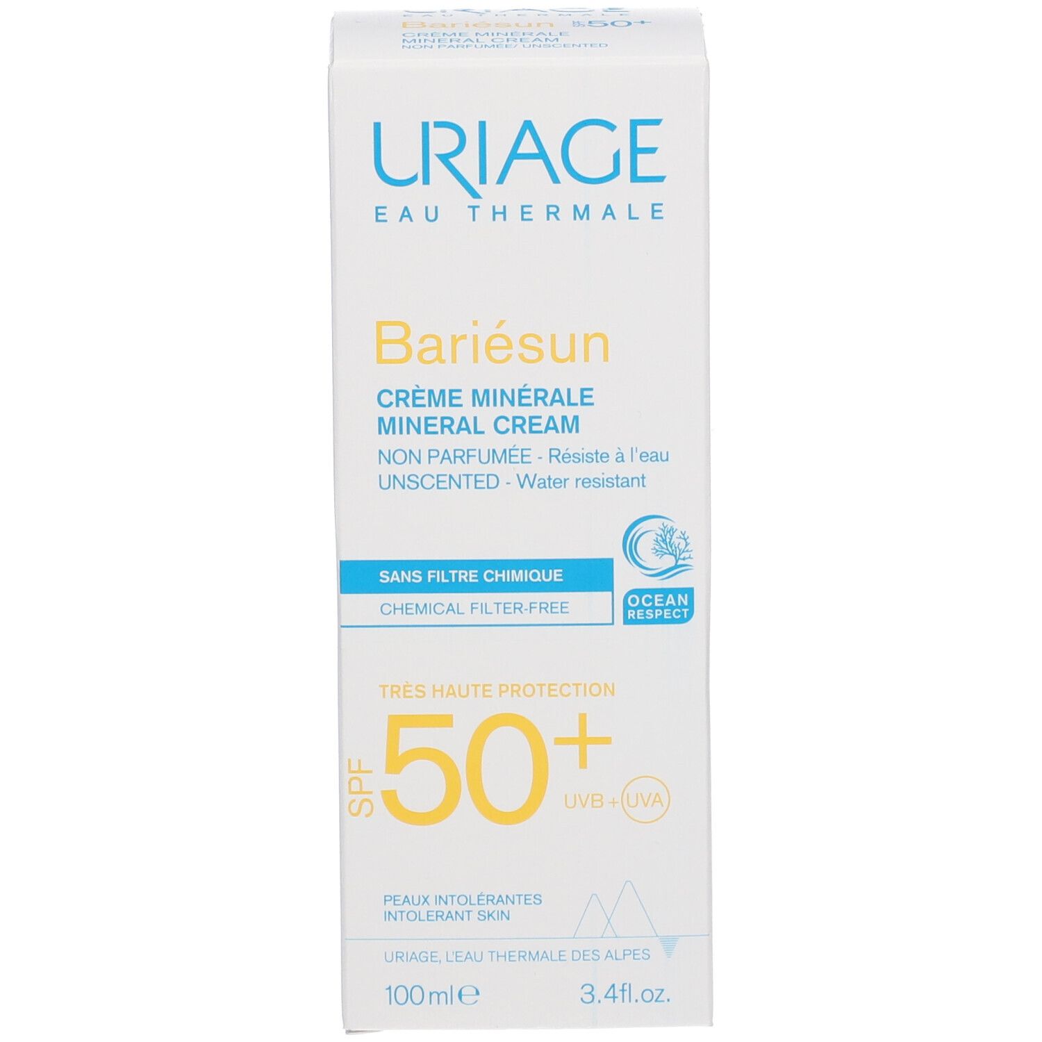 Boîte Uriage BARIÉSUN Crème Minérale SPF50+. Texte et logo. Crème solaire minérale. 100 ml.