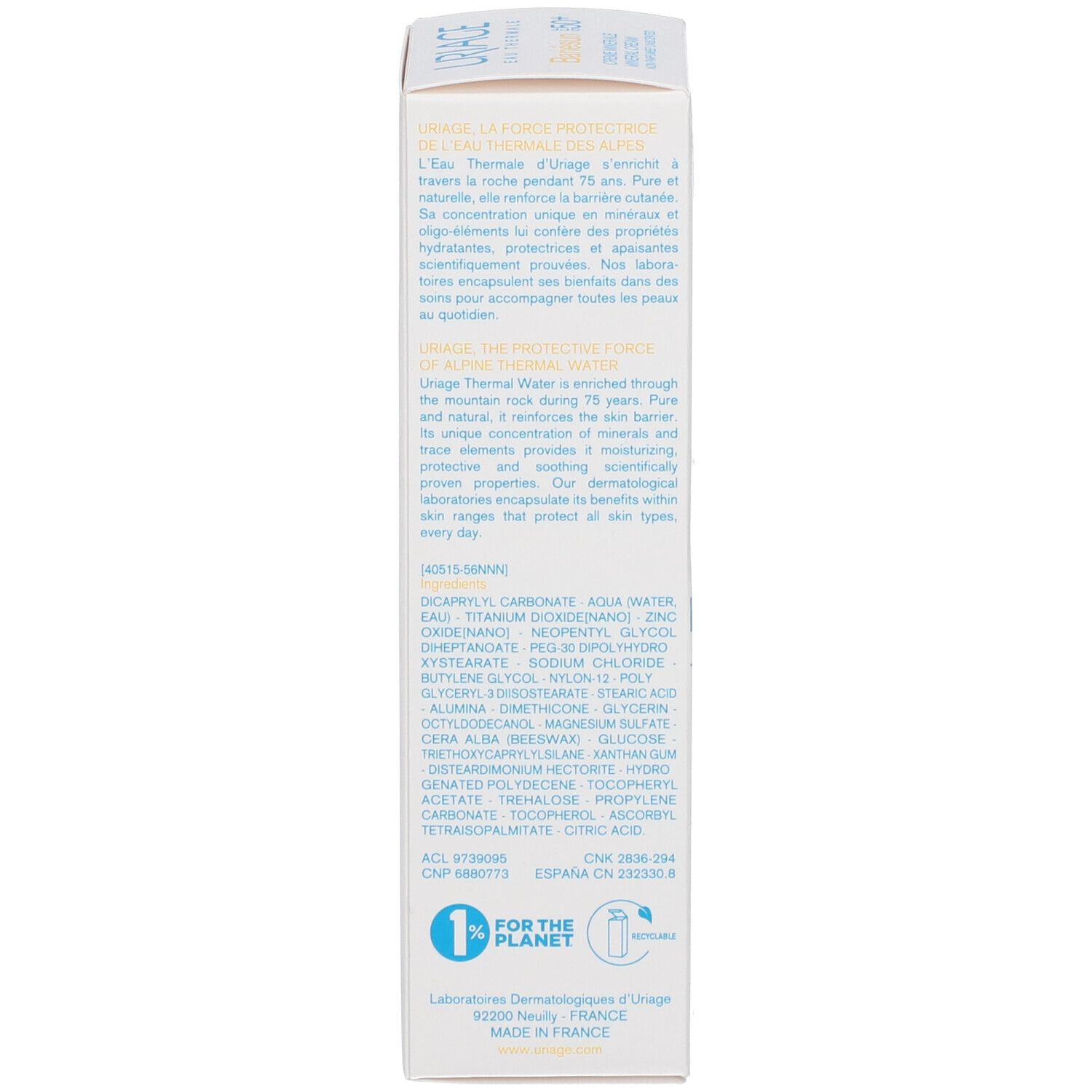 Dos de la boîte Uriage BARIÉSUN Crème Minérale SPF50+. Texte multilingue. Ingrédients.