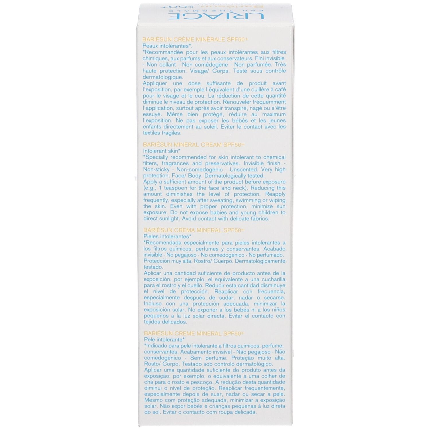 Dos de la boîte Uriage BARIÉSUN Crème Minérale SPF50+. Texte multilingue. Application.