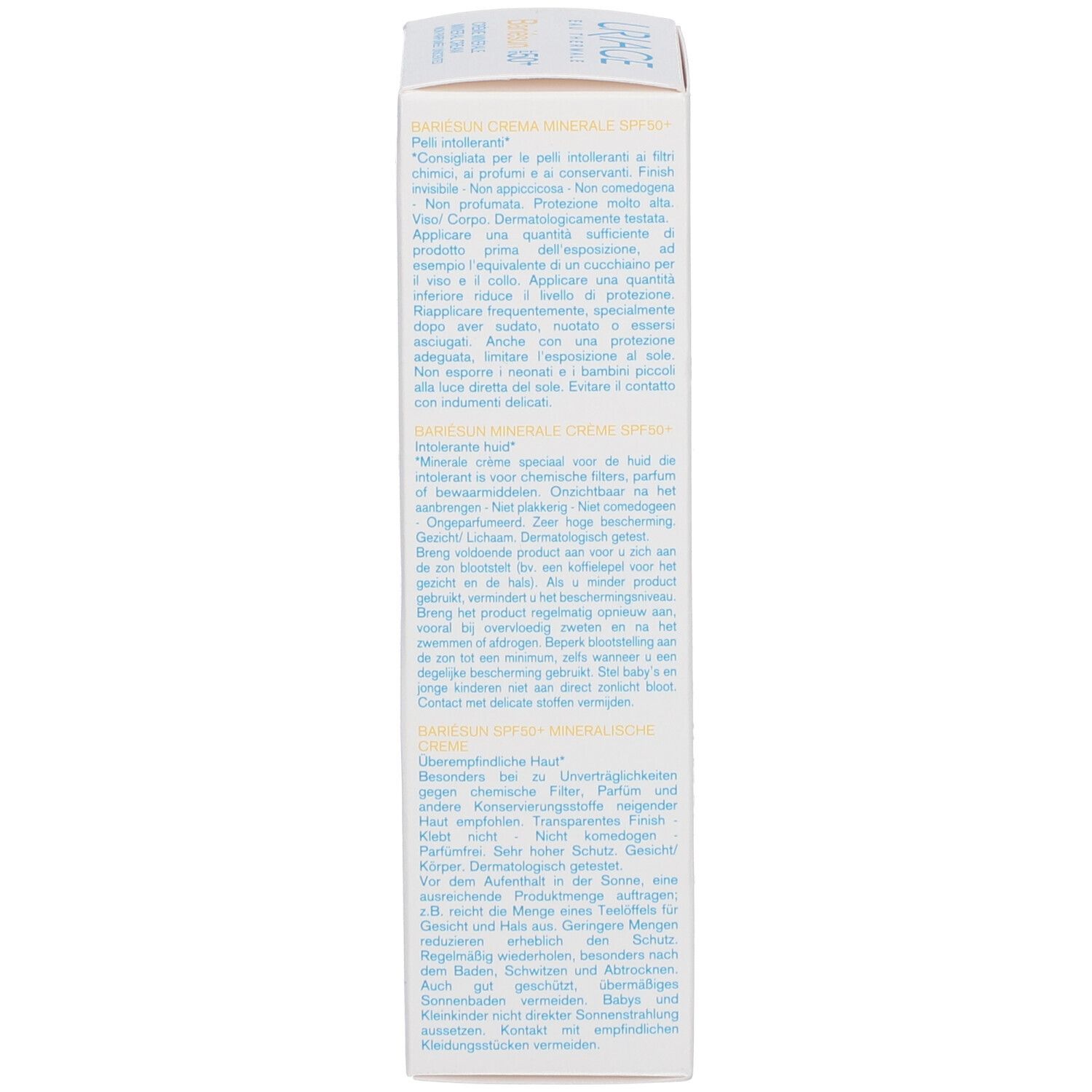 Dos de la boîte Uriage BARIÉSUN Crème Minérale SPF50+. Texte multilingue. Application.