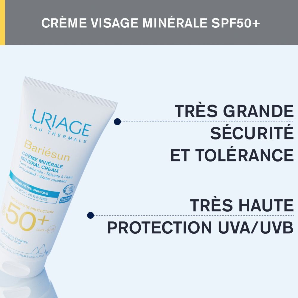 Tube Uriage BARIÉSUN Crème Minérale SPF50+. Texte: Crème visage minérale SPF50+. Très grande sécurité.