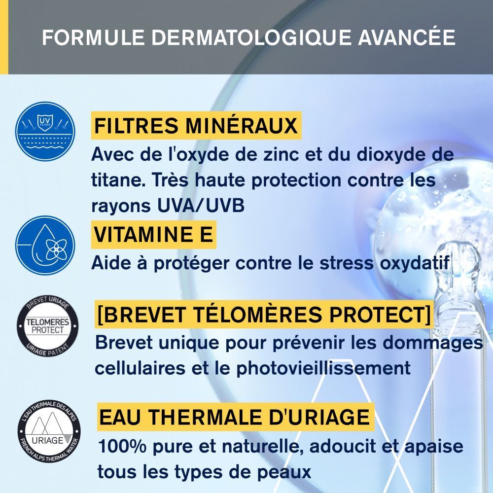 Graphique. Texte: Filtres minéraux, Vitamine E, [BREVET TÉLOMÈRES PROTECT], Eau Thermale d'Uriage.