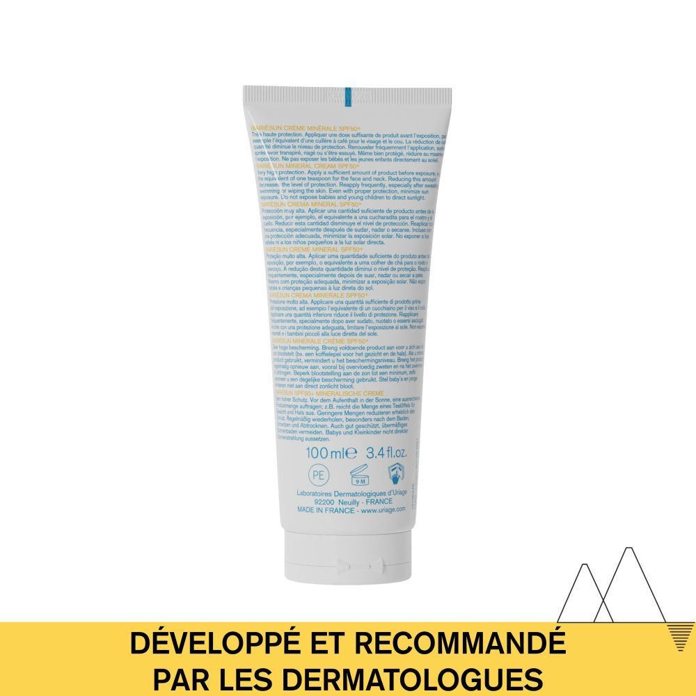 Dos du tube Uriage BARIÉSUN Crème Minérale SPF50+. Texte: Développé et recommandé par les dermatologues.