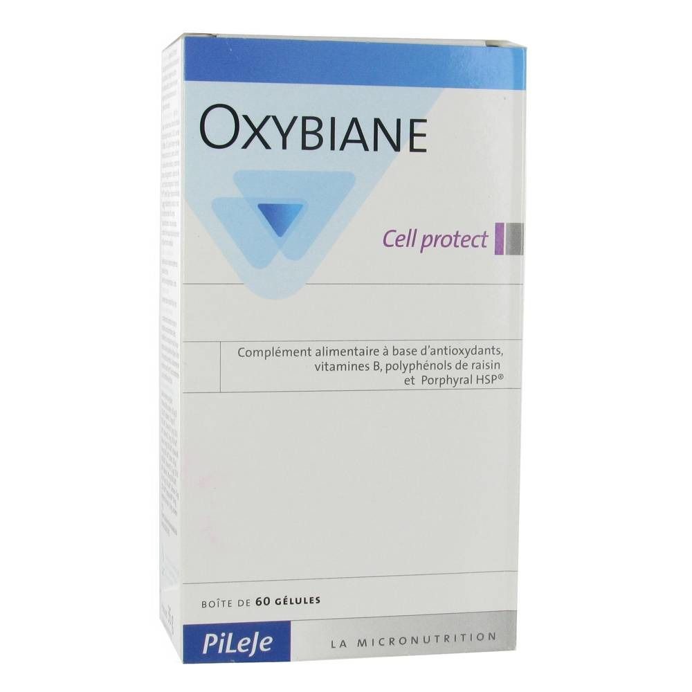 Oxybiane Cell protect. Weiße Schachtel mit blauer und grauer Schrift. Enthält 60 Kapseln. Marke PiLeje.