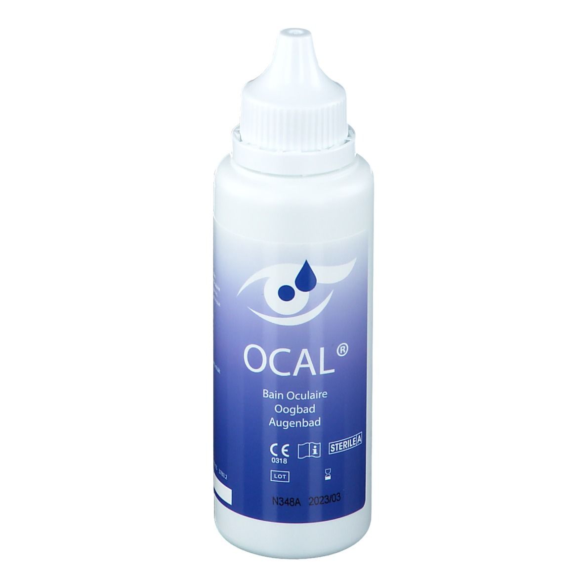 Weiße Flasche mit Schraubverschluss und Tropfspitze. OCAL®-Logo und Produktbezeichnung. Blaue Etikett mit Augensymbol. CE-Kennzeichnung.